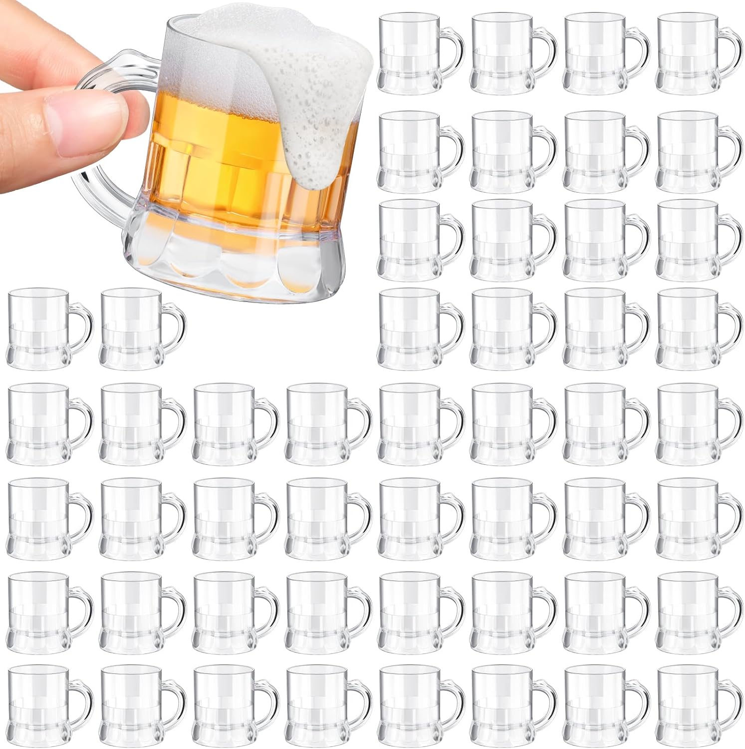 Yinder Mini taza de cerveza de 2 onzas, vasos de chupito de plástico con asas, base sólida transparente, vasos de degustación de cerveza