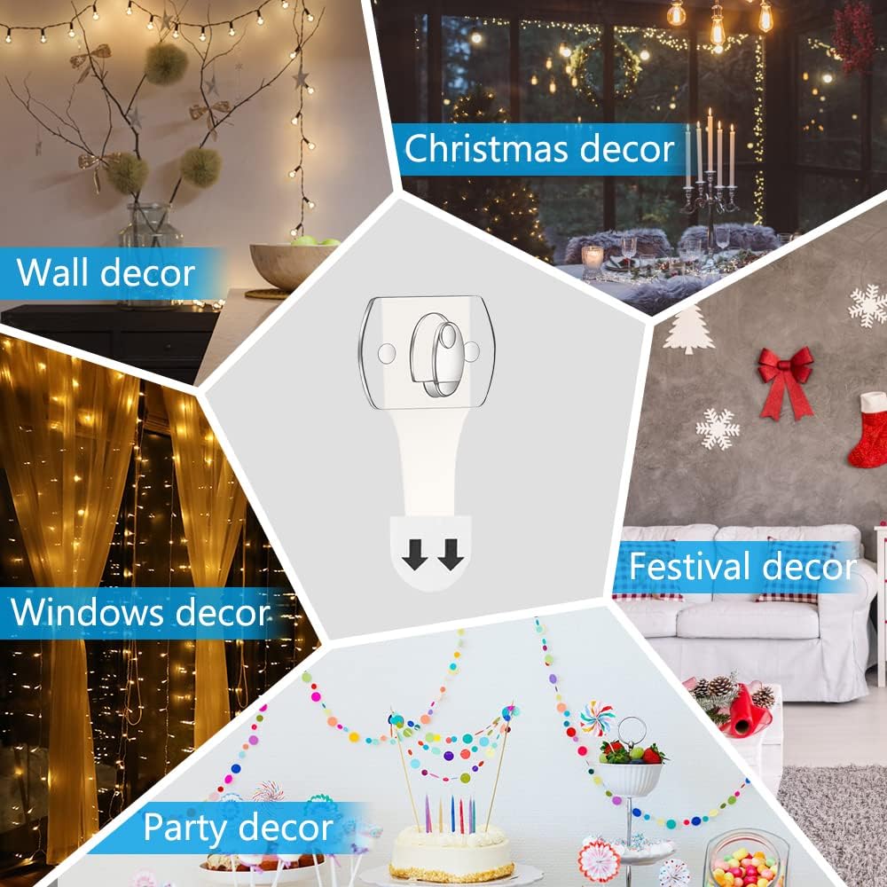 Paquete de 2 mini clips de luz para interiores, ganchos de cadena de luces colgantes de Navidad sin daños con tiras adhesivas, clips de pared