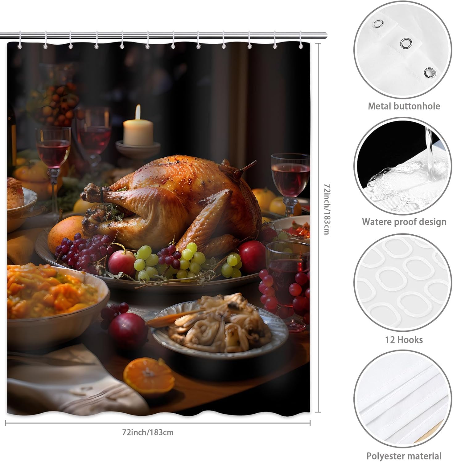 Cortina de ducha con texto en inglés “Merry Christmas” para baño, mesa de comedor, juego de cortinas de ducha de Navidad de pavo, impermeable, de