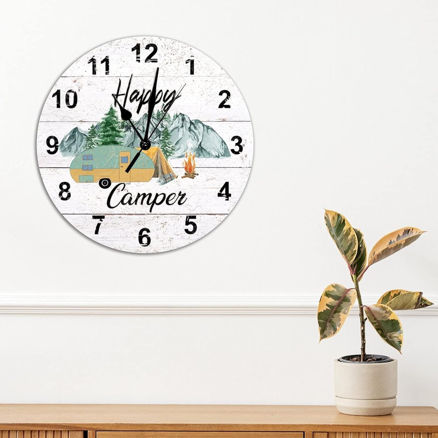 Happy Campers – Reloj de pared grande para amantes de la naturaleza, de 10 pulgadas, estilo vintage, silencioso, sin tictac, funciona con pilas,