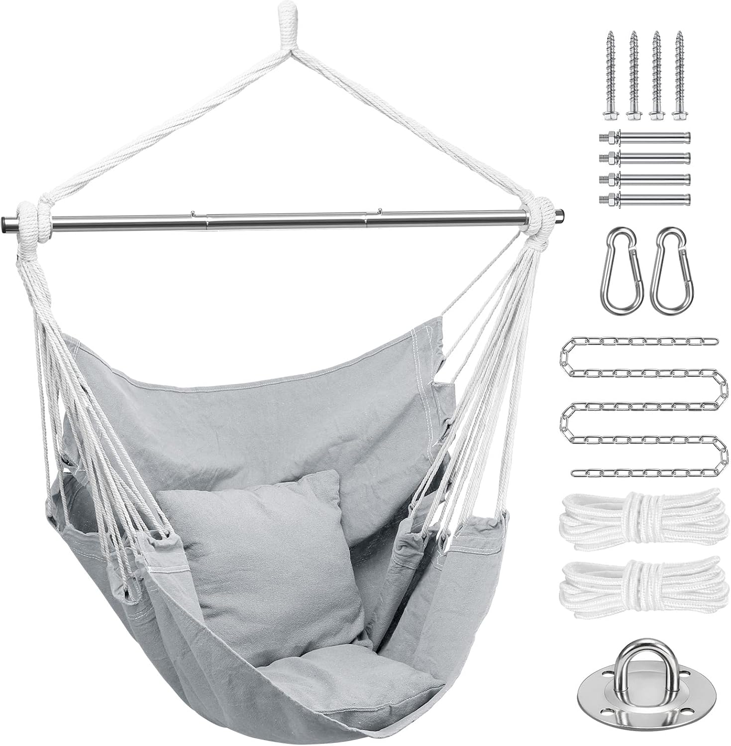 Silla hamaca colgante de cuerda, silla colgante portátil desmontable de metal con soporte de metal, hamaca columpio con kit de herramientas, sin