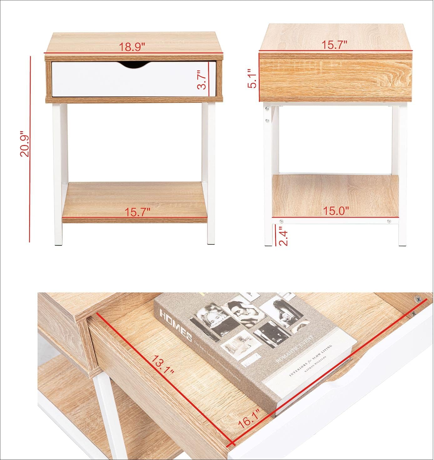 JJS Mesa auxiliar auxiliar, mesita de noche, mesita de noche con cajón y estantes de almacenamiento, mesa de sofá para sala de estar, dormitorio,