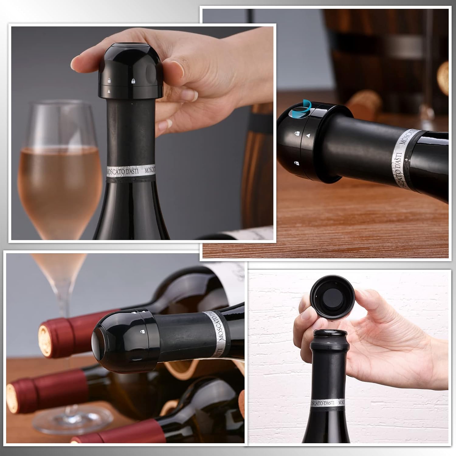 Juego de 4 tapones para vino, paquete de 2 tapones de champán, reutilizables, de plástico y silicona, color negro, a prueba de fugas, champaña y
