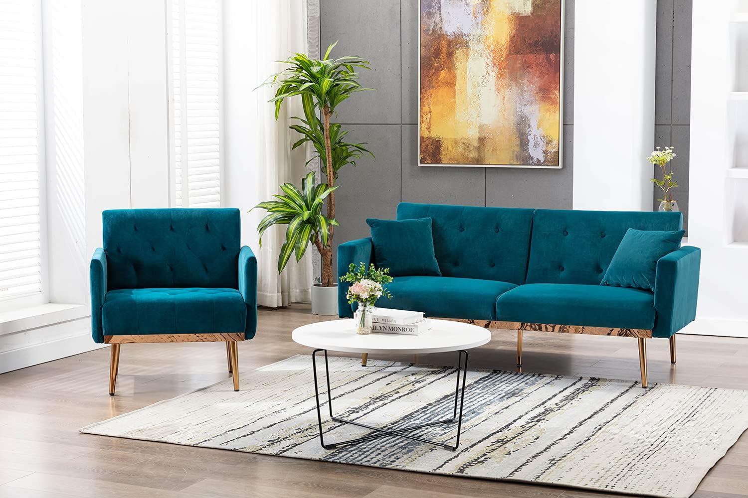 Silla sofá individual moderna de terciopelo, silla de decoración tapizada para la sala de estar, sillón cómodo con patas de metal dorado y rosa,