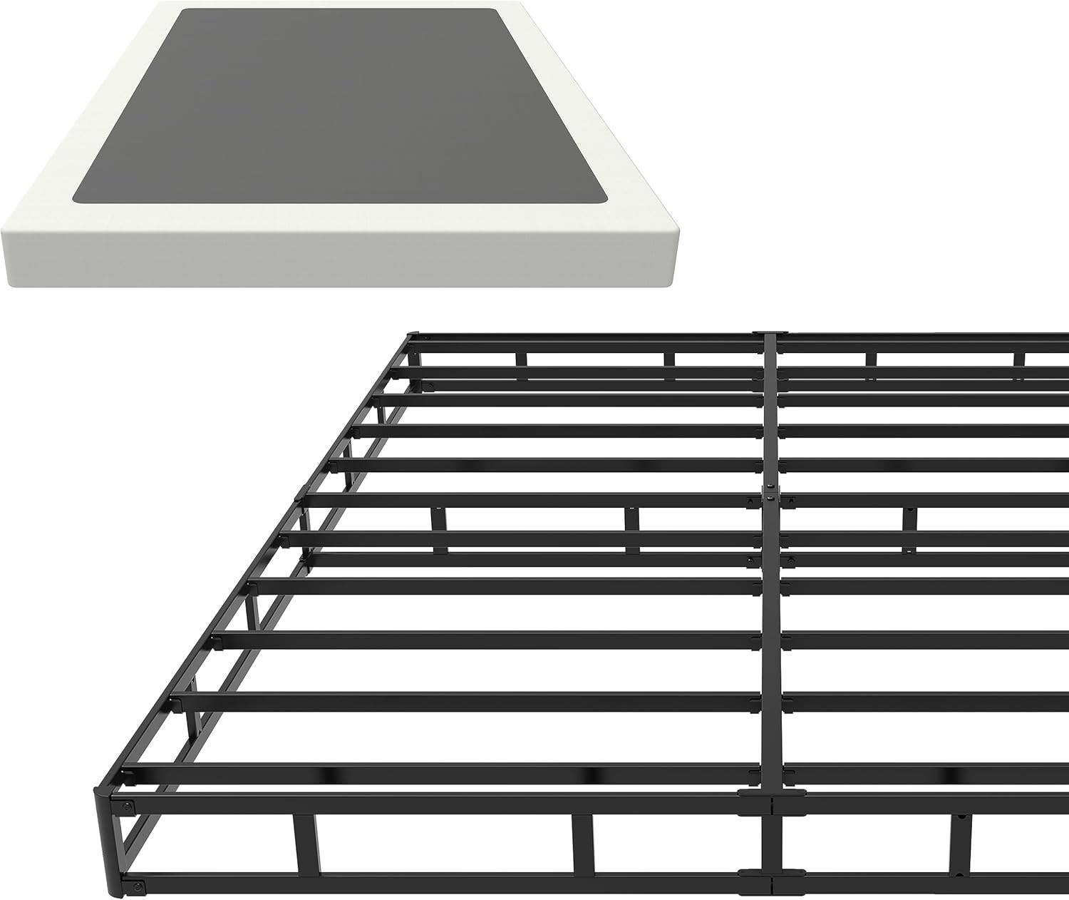 EMODA Base de cama tamaño matrimonial de 5 pulgadas, base de colchón de metal resistente de 3000 libras con funda de tela, fácil montaje, color negro