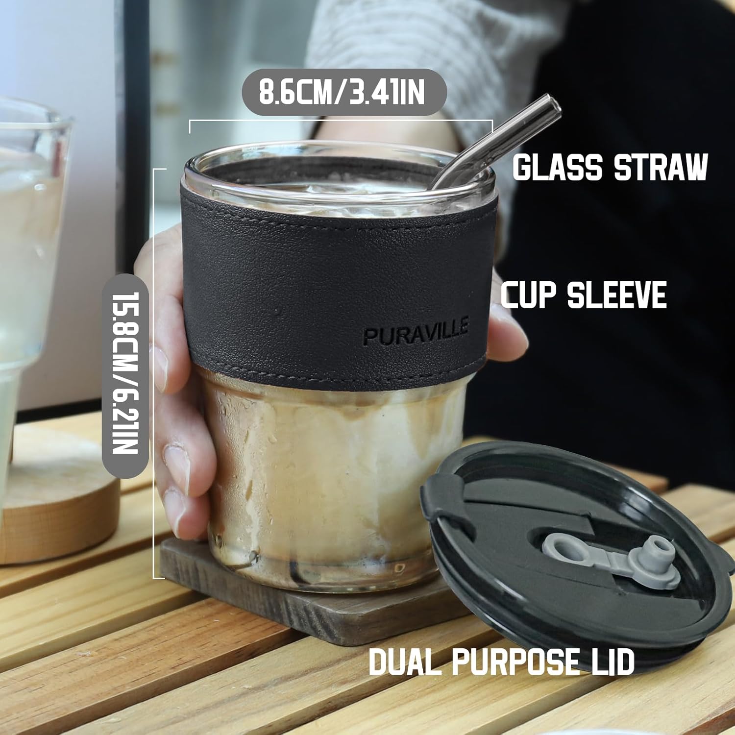 Puraville Paquete de 2 tazas de café helado de 14 onzas  14.2 fl oz con tapas y pajitas, vasos de vidrio de 14 onzas  14.2 fl oz, taza de café de