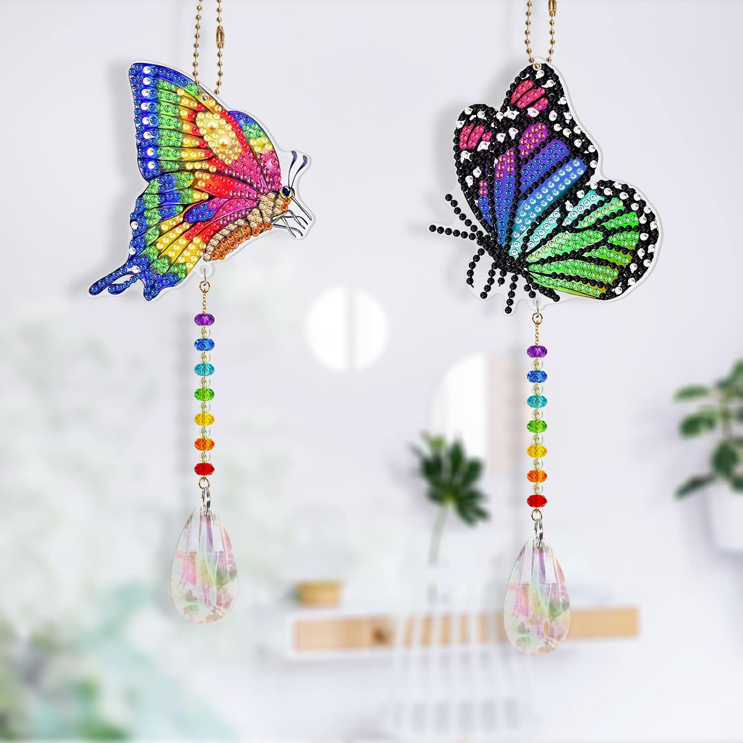 DIY – Juego de 2 piezas de pintura de diamantes de mariposa colorida 5D para adultos, arte de diamantes de mariposa de cristal, adorno colgante para