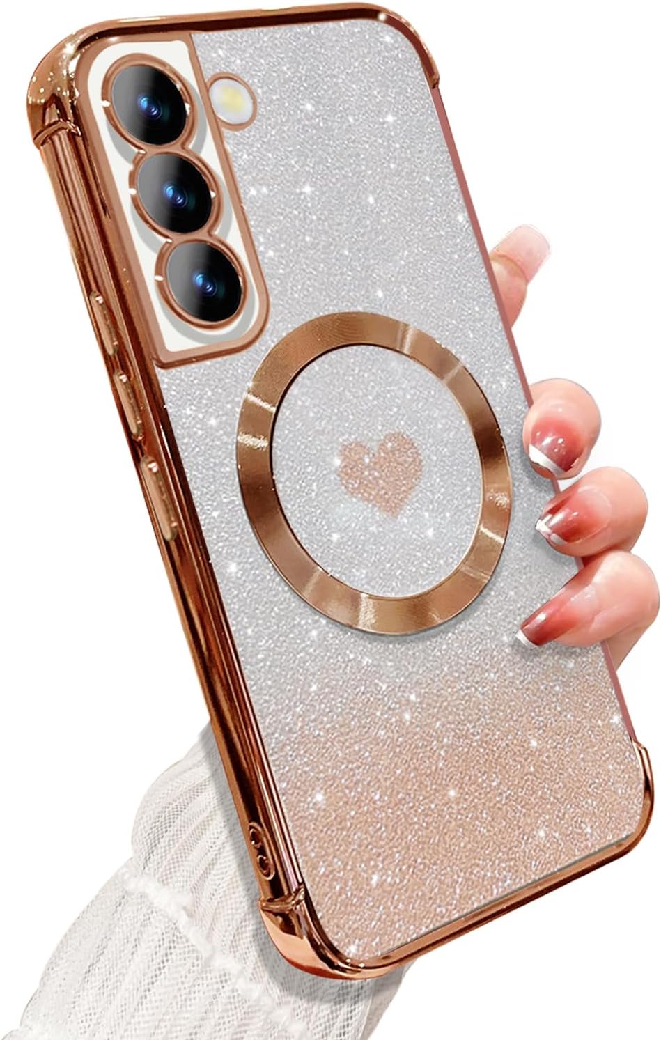 Funda magnética para Samsung Galaxy S22, para mujeres y niñas, chapado de lujo suave, brillante, brillante, brillante, lindo corazón, compatible con