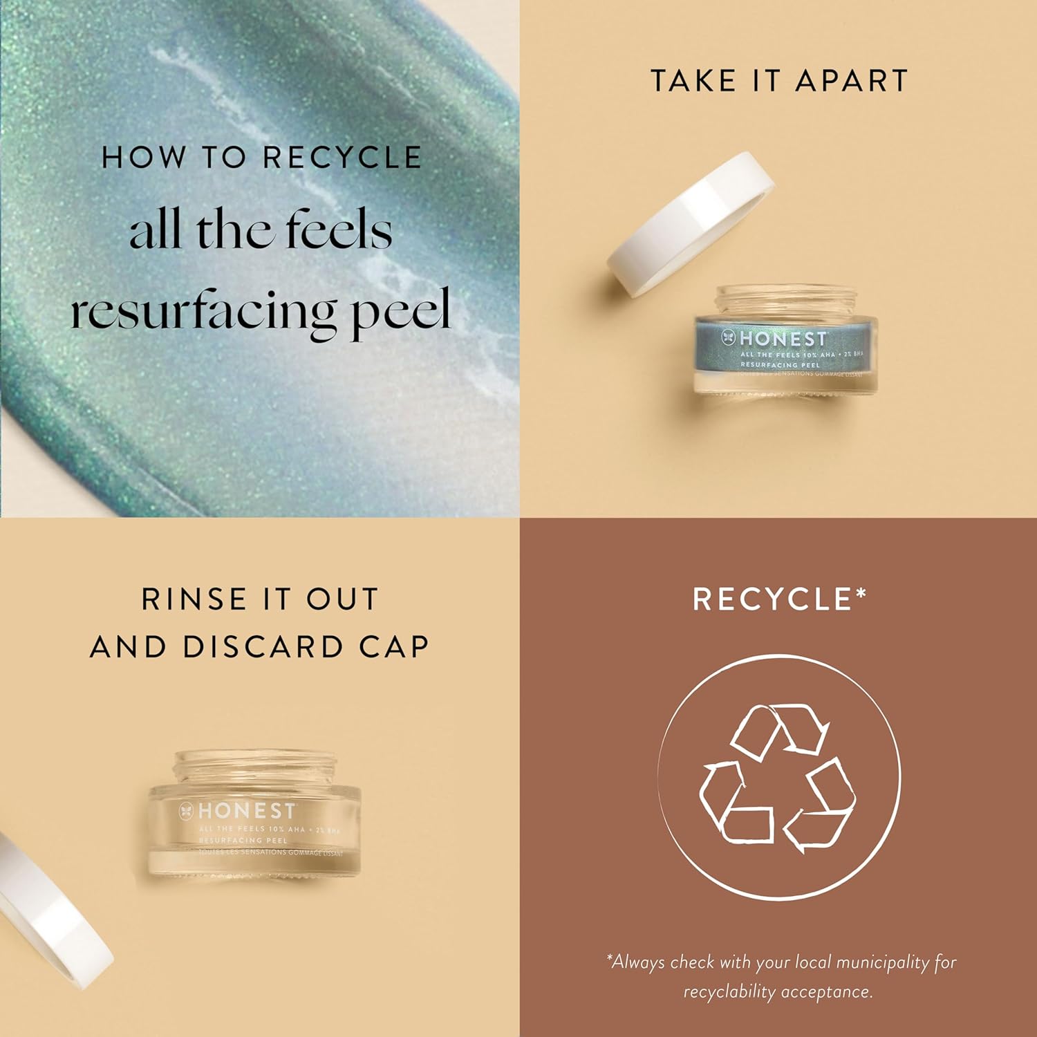 Honest Beauty All the Feels Resurfacing Peel  10% AHA + 2% BHA  Exfolia profundamente + renueva la piel  Vegano + libre de crueldad  1.7 onzas