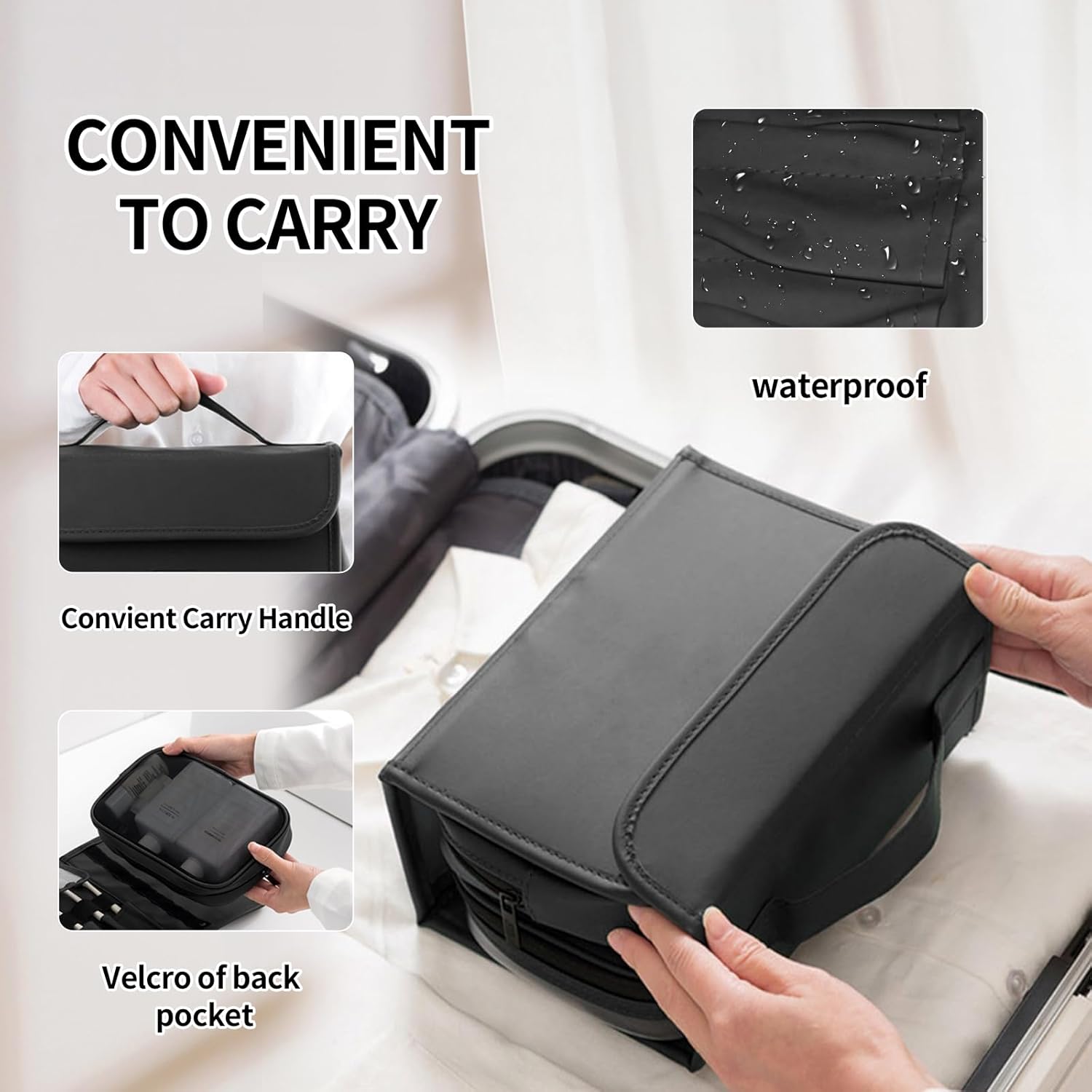 Neceser colgante de viaje para mujer, con capacidad para champú de tamaño completo, con compartimento organizador de joyas, Negro -, Viajes