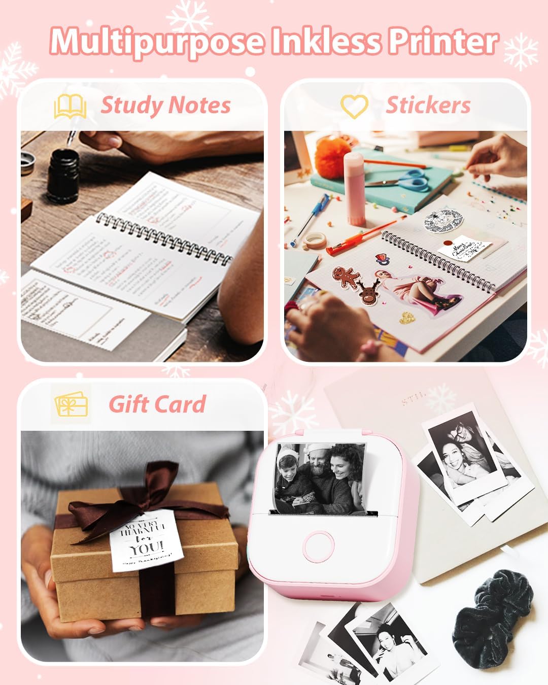 Phomemo Impresora de calcomanías, mini impresora sin tinta, impresora térmica Bluetooth de bolsillo para notas de estudio, calcomanías, fotos,