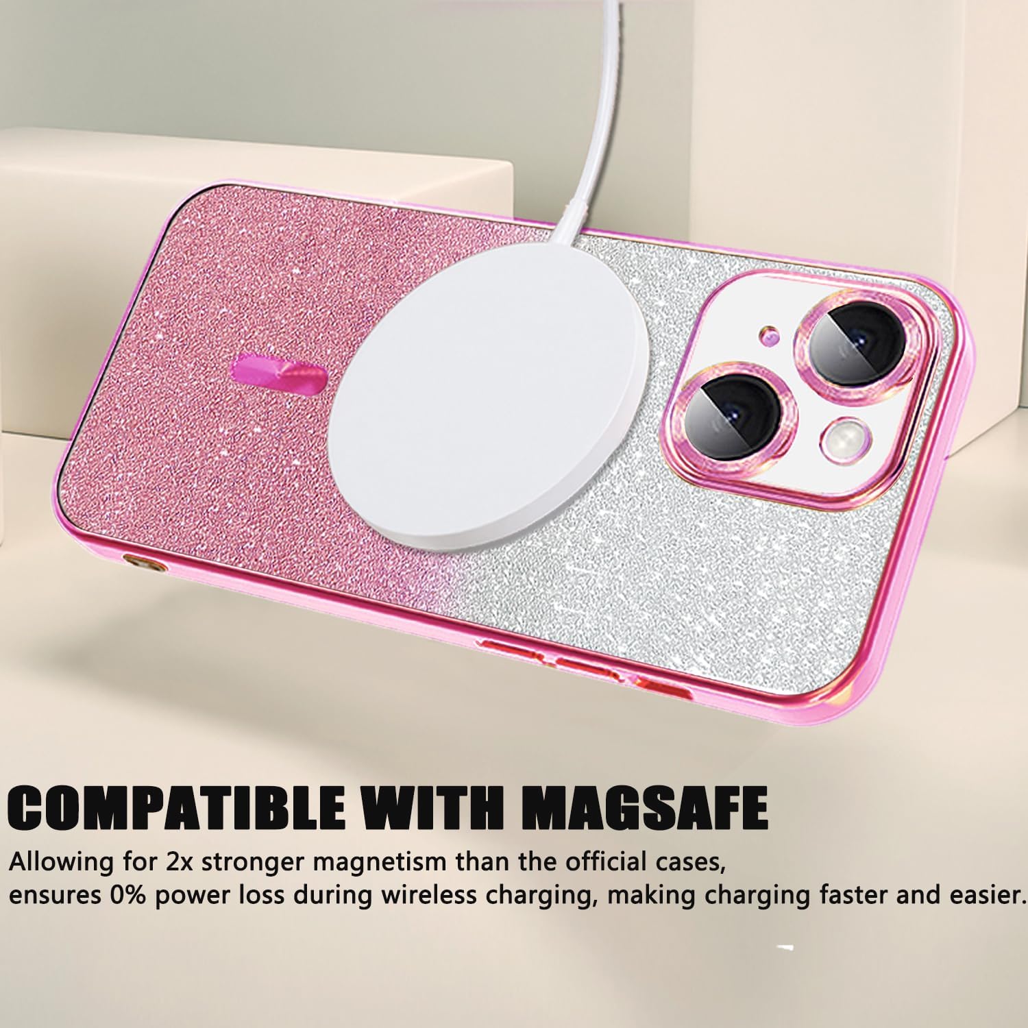 Misscase Funda magnética con purpurina para iPhone 15 Plus compatible con MagSafe, protector de lente de cámara, protección completa, elegante,