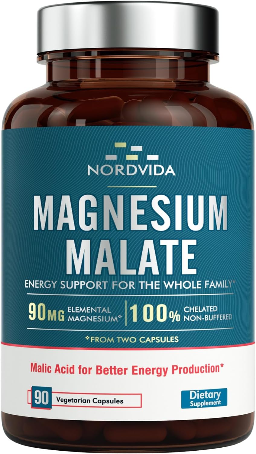 Malato de magnesio, 90 mg de magnesio elemental, para adultos y niños, totalmente quelado con ácido málico, apoya la producción de energía y la