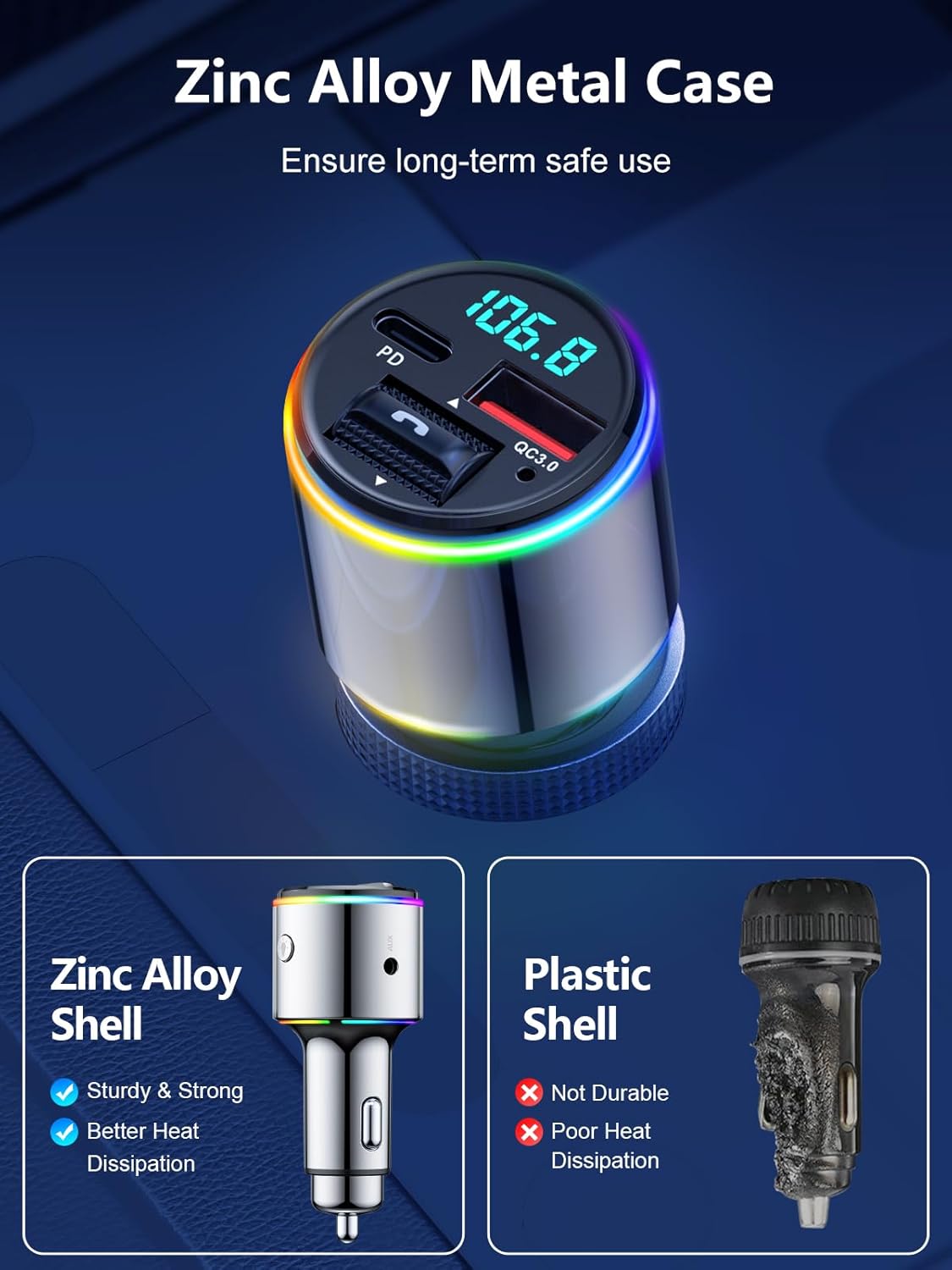 Transmisor FM Bluetooth 5.3 para coche, adaptador de radio FM inalámbrico Bluetooth para automóvil, QC3.0 18 W y cargador rápido tipo C PD 30 W,