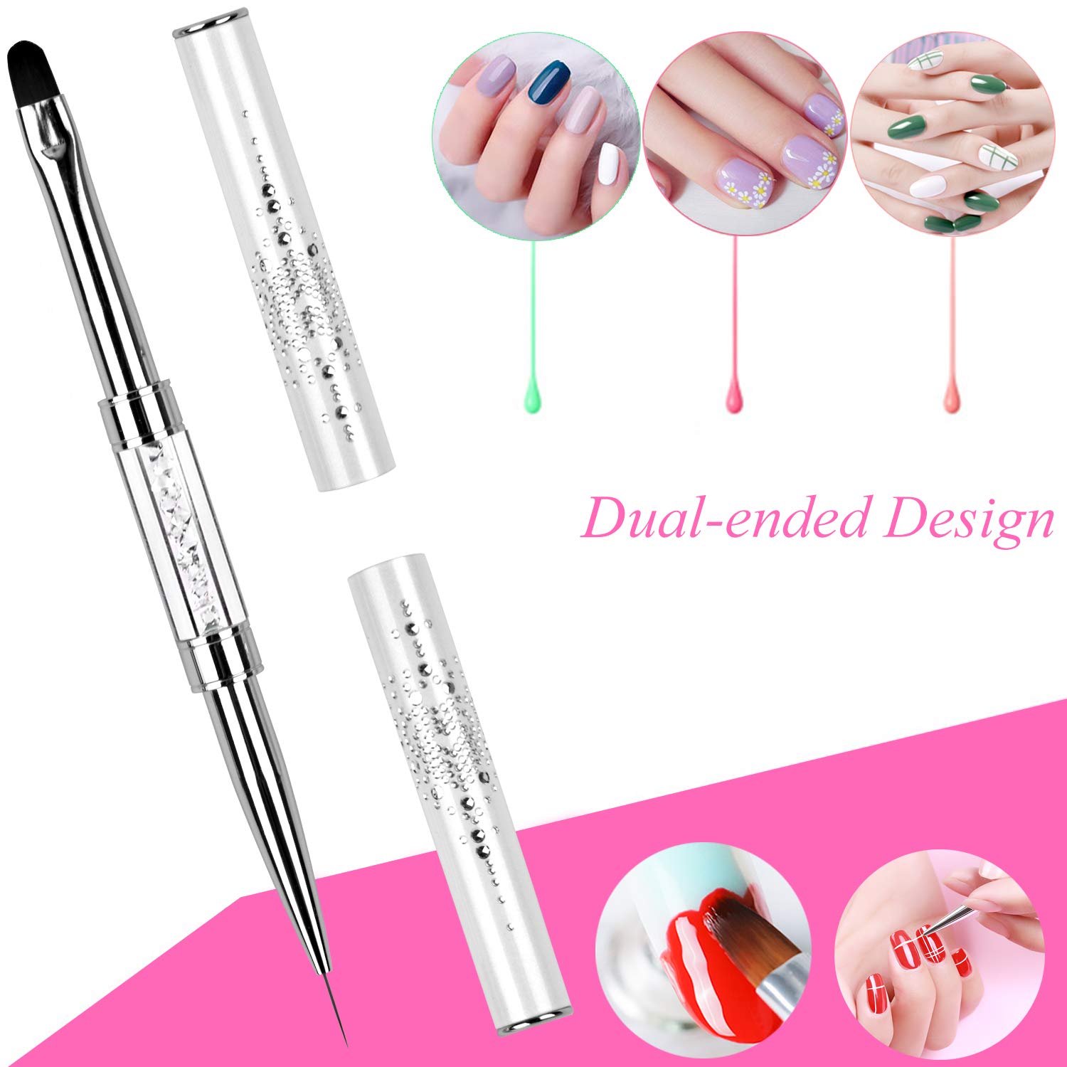 Cepillo de diseño de uñas de doble extremo, mango de diamantes de imitación, cepillo de uñas de gel UV, herramientas profesionales de arte de uñas, 1