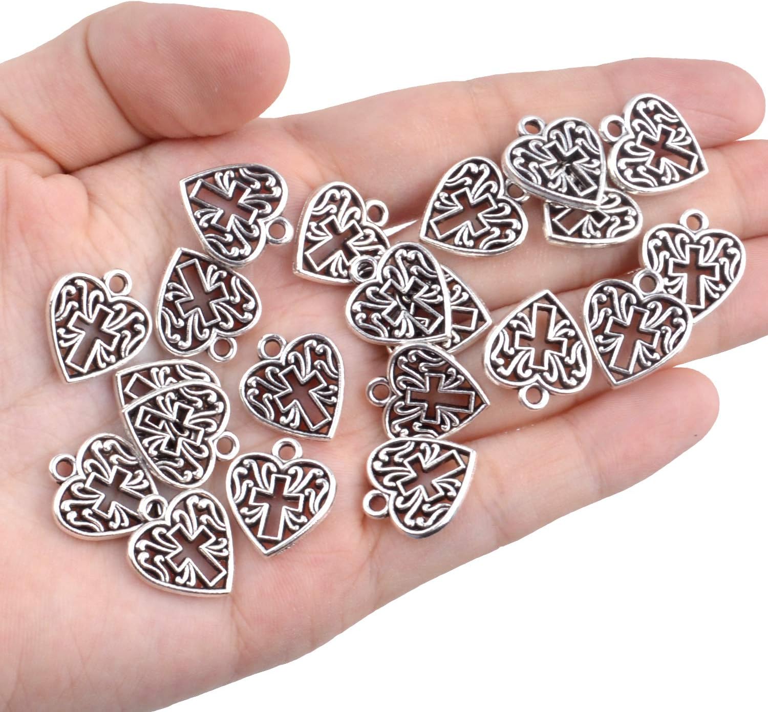 Aylifu Heart Cross Charms, 50 Pieces Alloy Metal Love Heart with Cross Charms Pendants for Making Bracelet Necklace