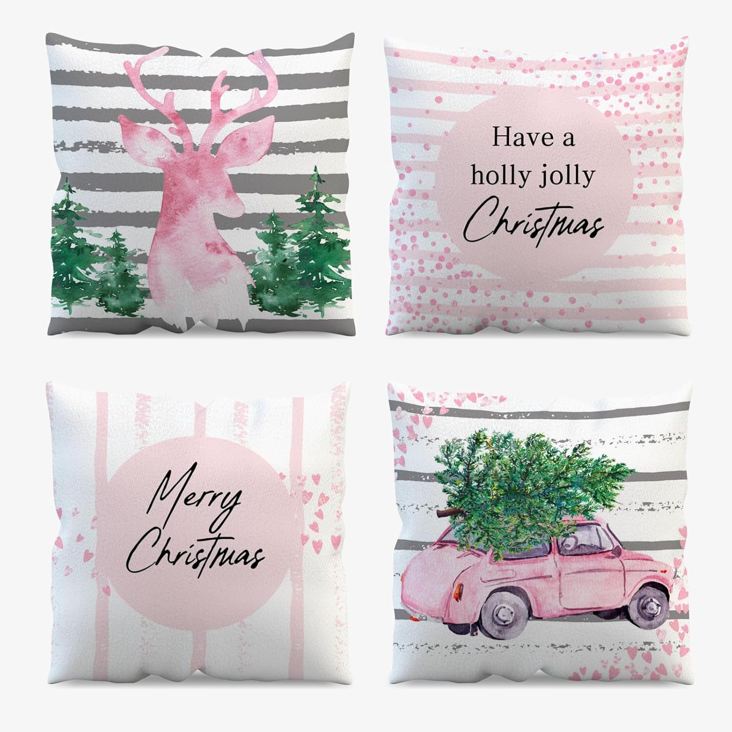 APROPHIC Juego de 4 fundas de almohada rosas de Navidad de 18 x 18 pulgadas, decoración de vacaciones de granja a rayas con árboles alegres y renos,