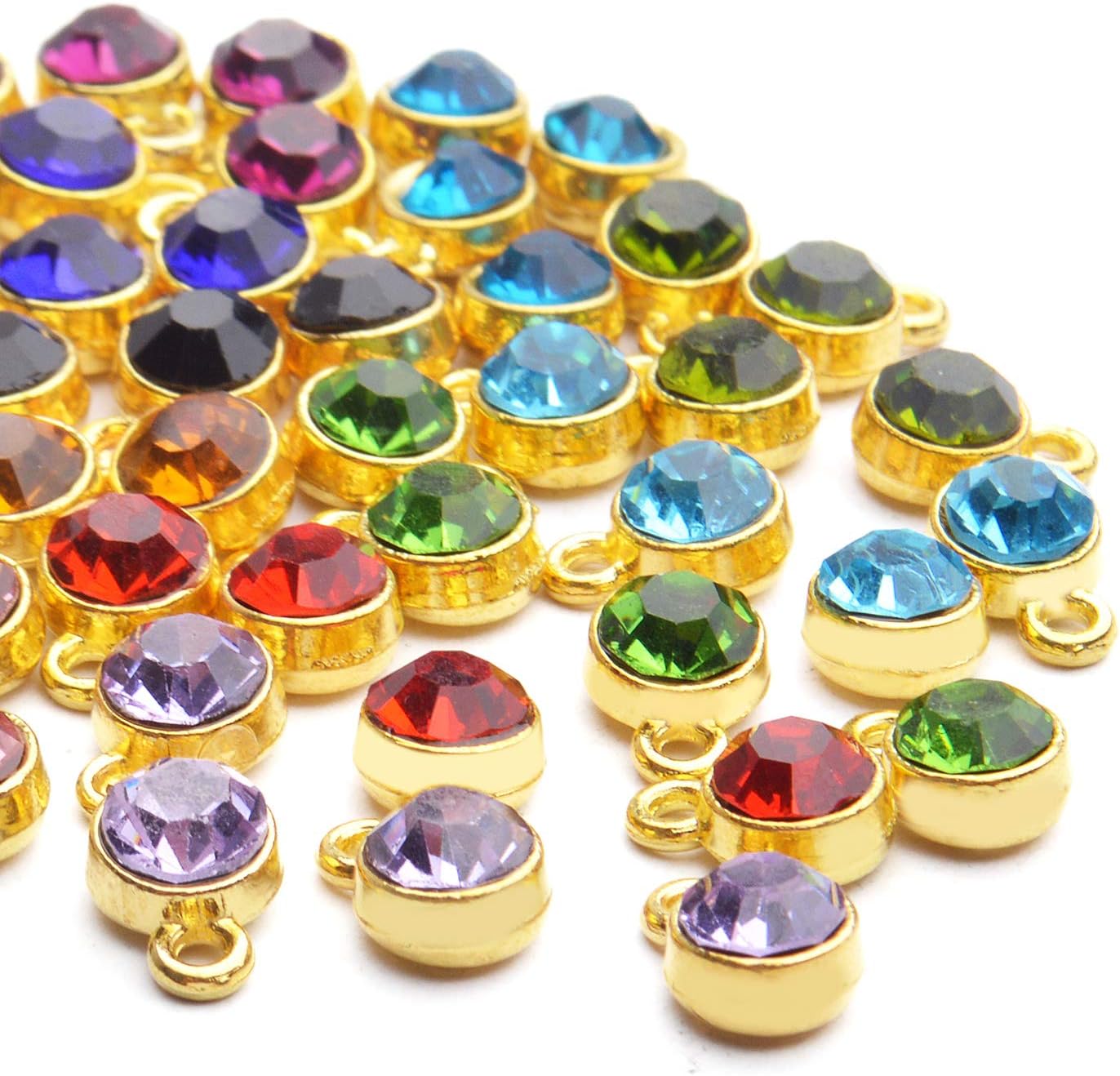 Aylifu Dijes de piedra natal de cristal, 48 piezas de dijes de piedra natal de cristal, cuentas redondas con anillos, dije de cristal hecho a mano