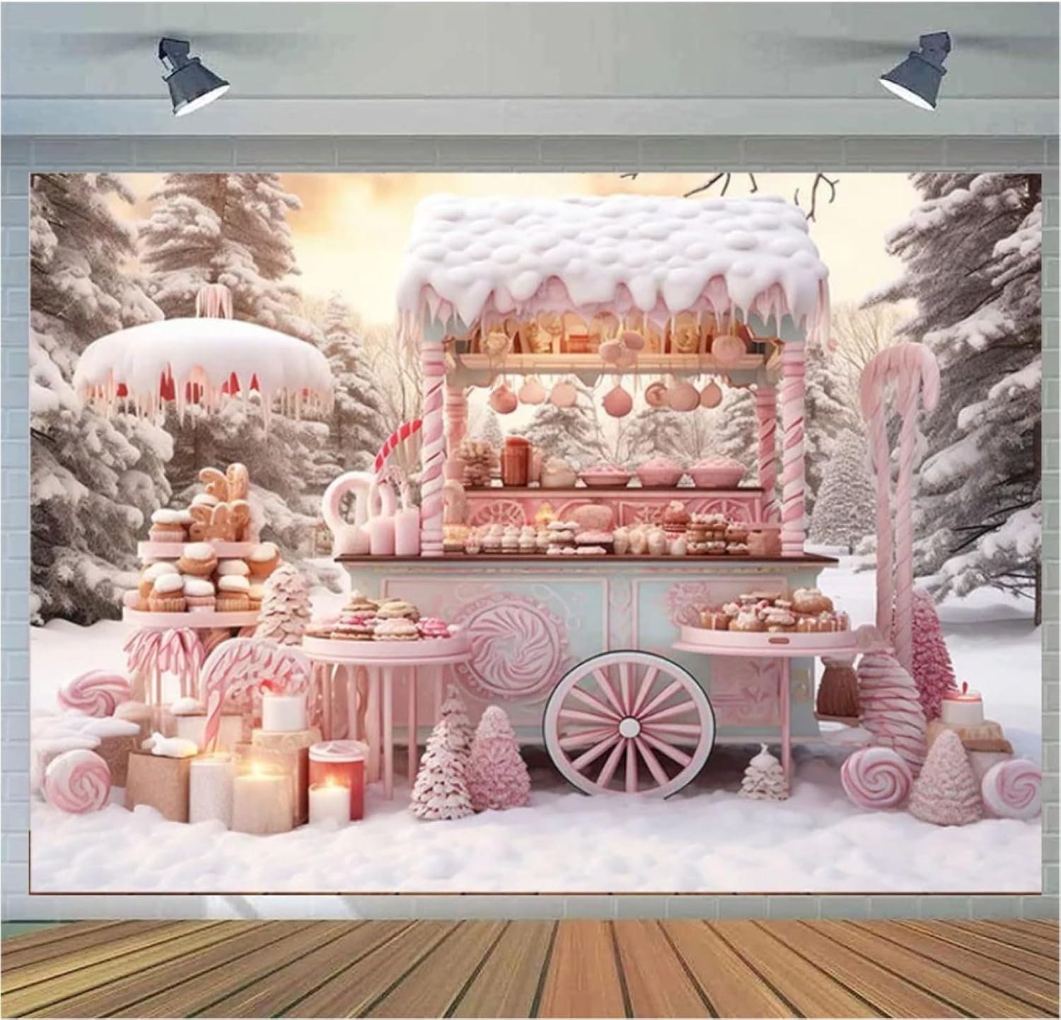 Fondo fotográfico de Navidad rosa de 8 x 6 pies, tienda de dulces de nieve de invierno, árbol de pino, niña, fiesta familiar, decoración de