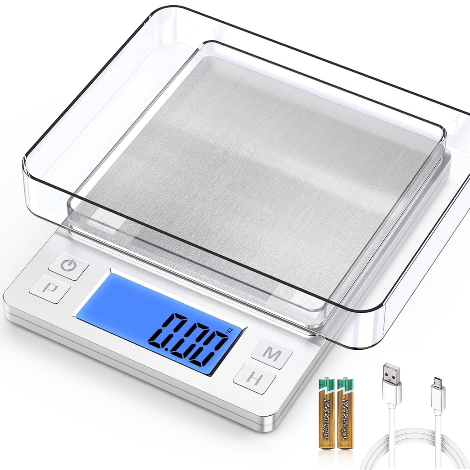 BOMATA Escala digital pequeña mejorada de 0.00 oz2.2 lbs, recargable por USB, con pantalla y retención más grandes, función de tara, 9 unidades,