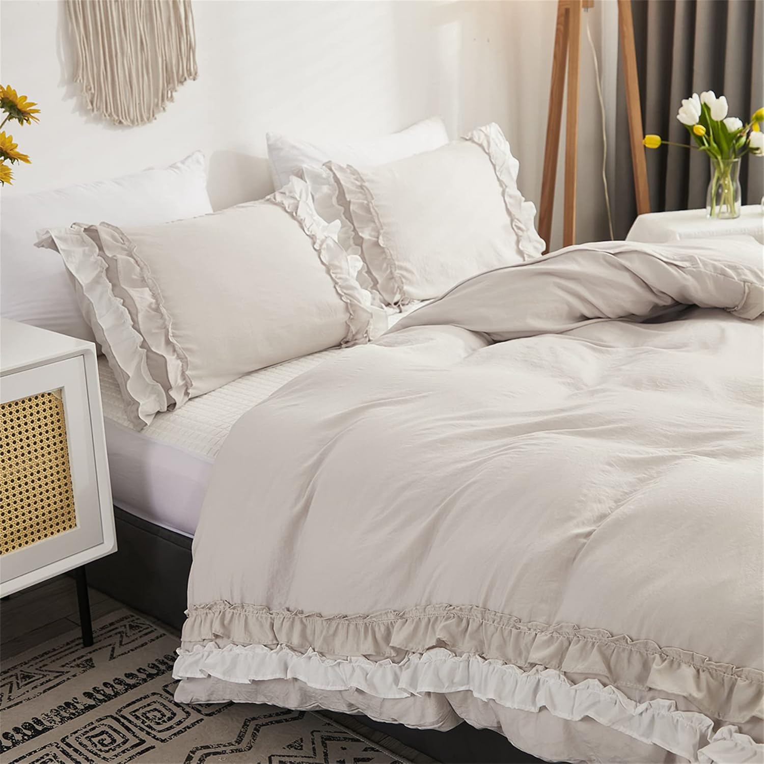ABREEZE Juego de funda de edredón de microfibra lavada tamaño Queen, 3 piezas, ropa de cama vintage con volantes, estilo granja, 1 funda de edredón