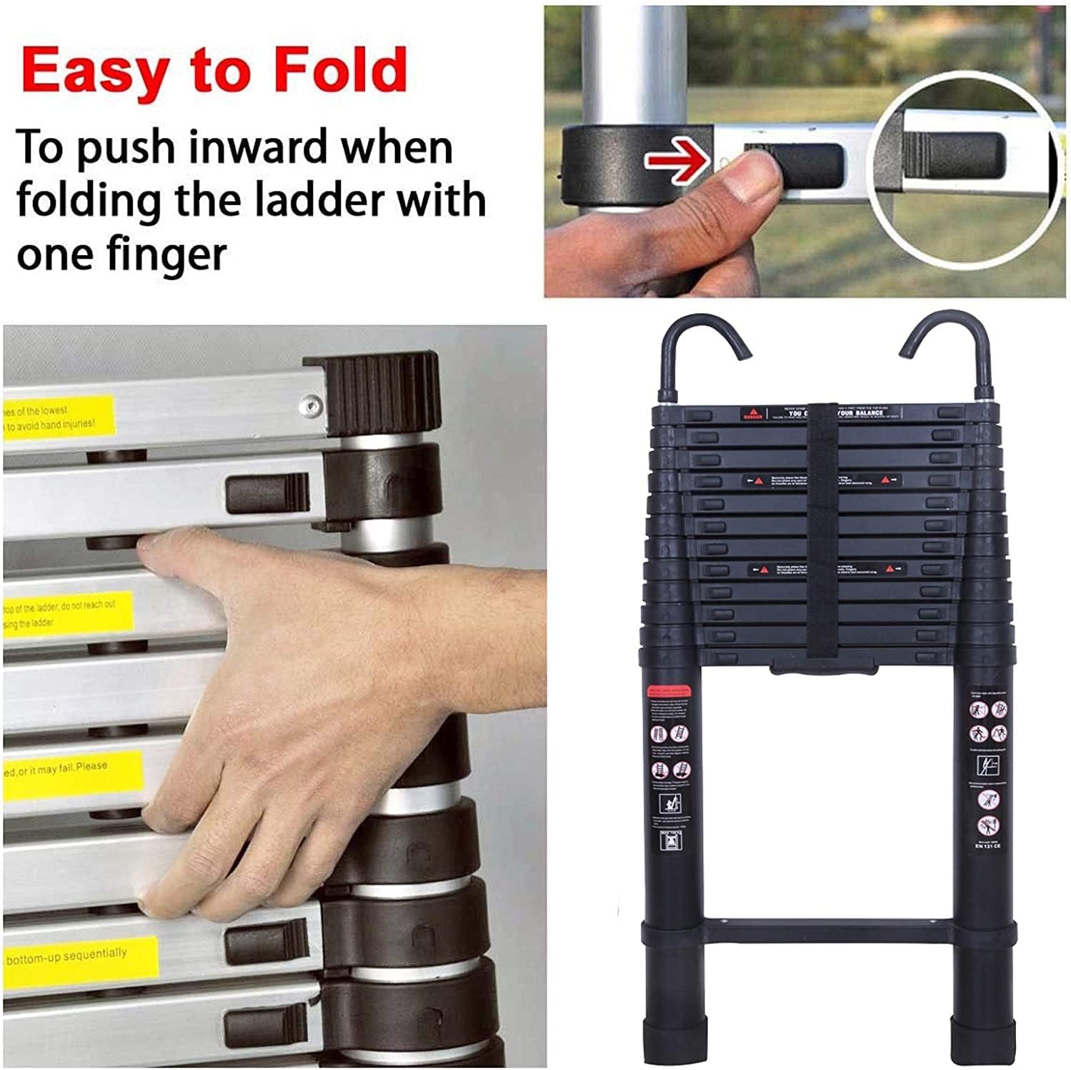 Escalera telescópica de aluminio de 12.5 pies con 2 ganchos desmontables, escalera plegable ligera portátil multiusos para exteriores, hogar,