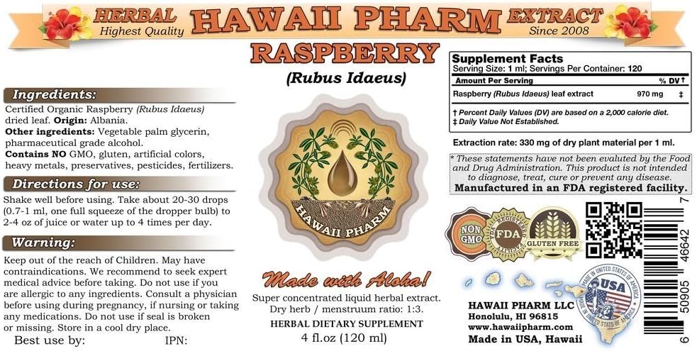 Hawaii Pharm Extracto líquido de frambuesa, tintura orgánica de frambuesa (Rubus idaeus), suplemento herbario, fabricado en EE. UU., 4 onzas líquidas