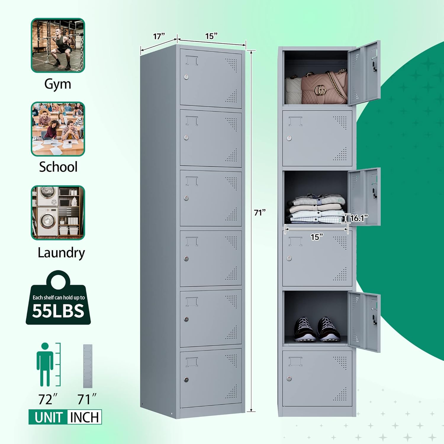 Letaya Armario de metal con 5 puertas con cerradura, gabinete de almacenamiento de acero de 71 pulgadas de alto para escuela, oficina, gimnasio,