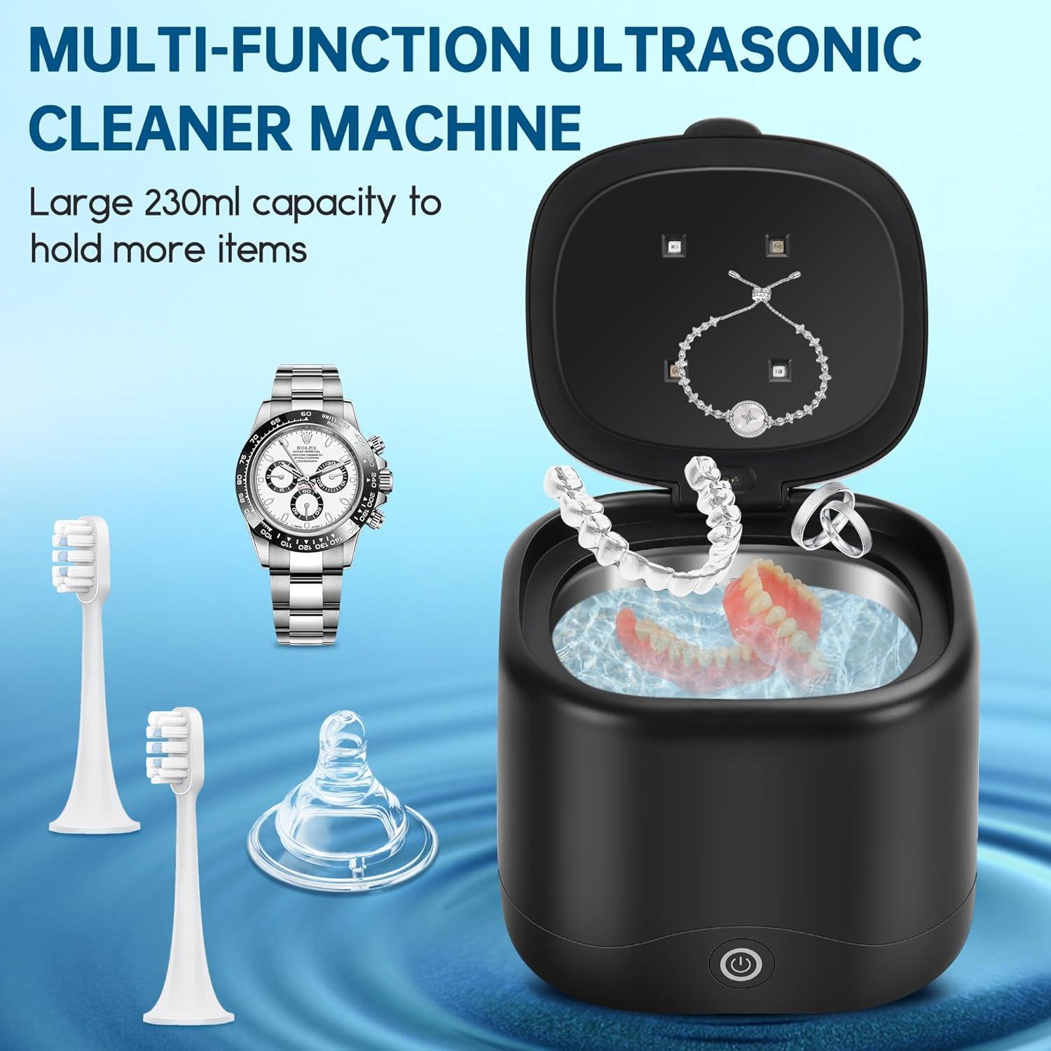Limpiador ultrasónico con tabletas de limpieza, máquina limpiador de retenedores U-V para dentaduras, joyas, protector nocturno, cápsulas dentales,