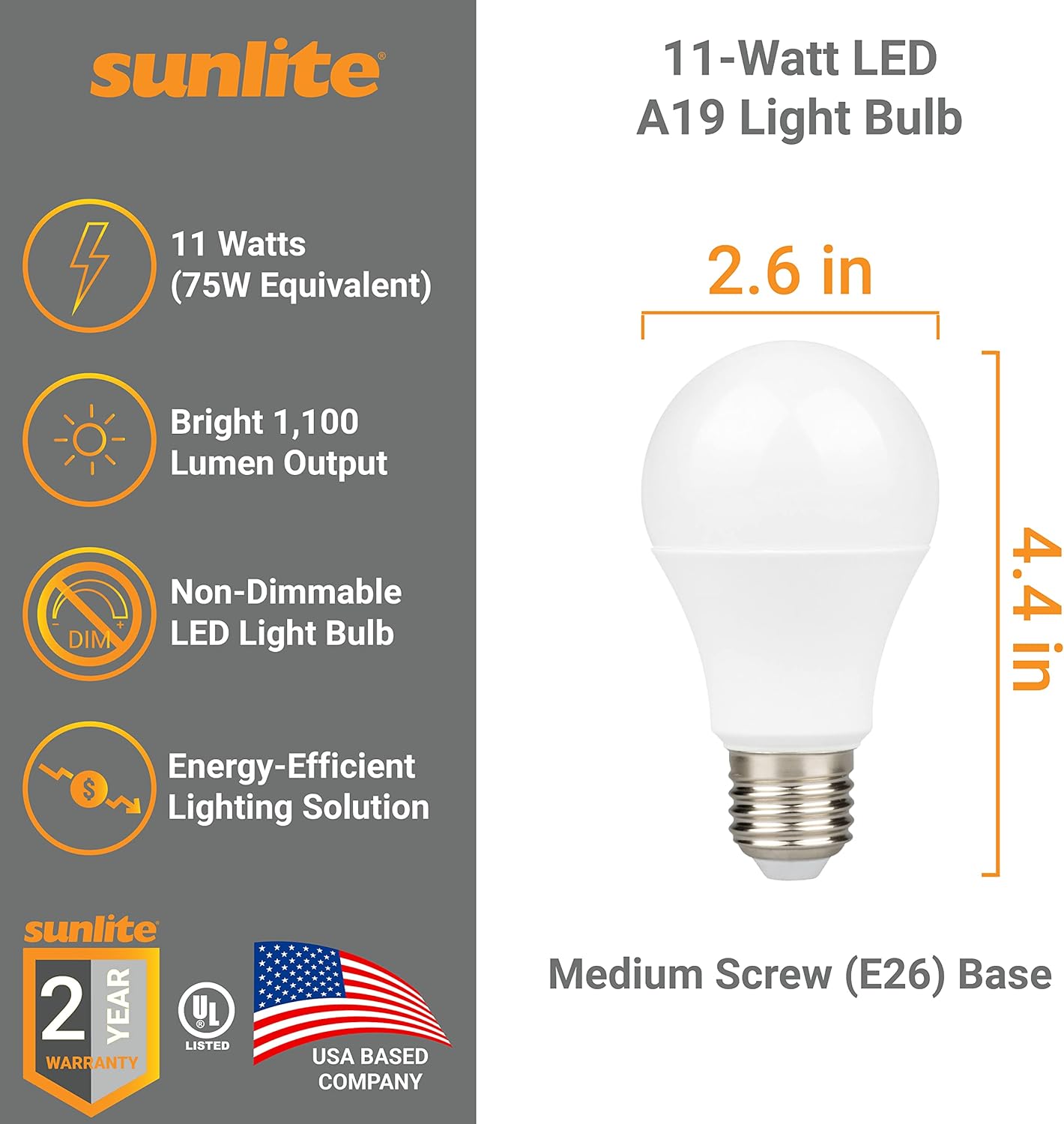 Sunlite 41804-SU – Bombilla LED A19, no regulable, 11 W (equivalente a 75 W), 1100 lúmenes, base mediana (E26), certificación UL, 2700 K blanco