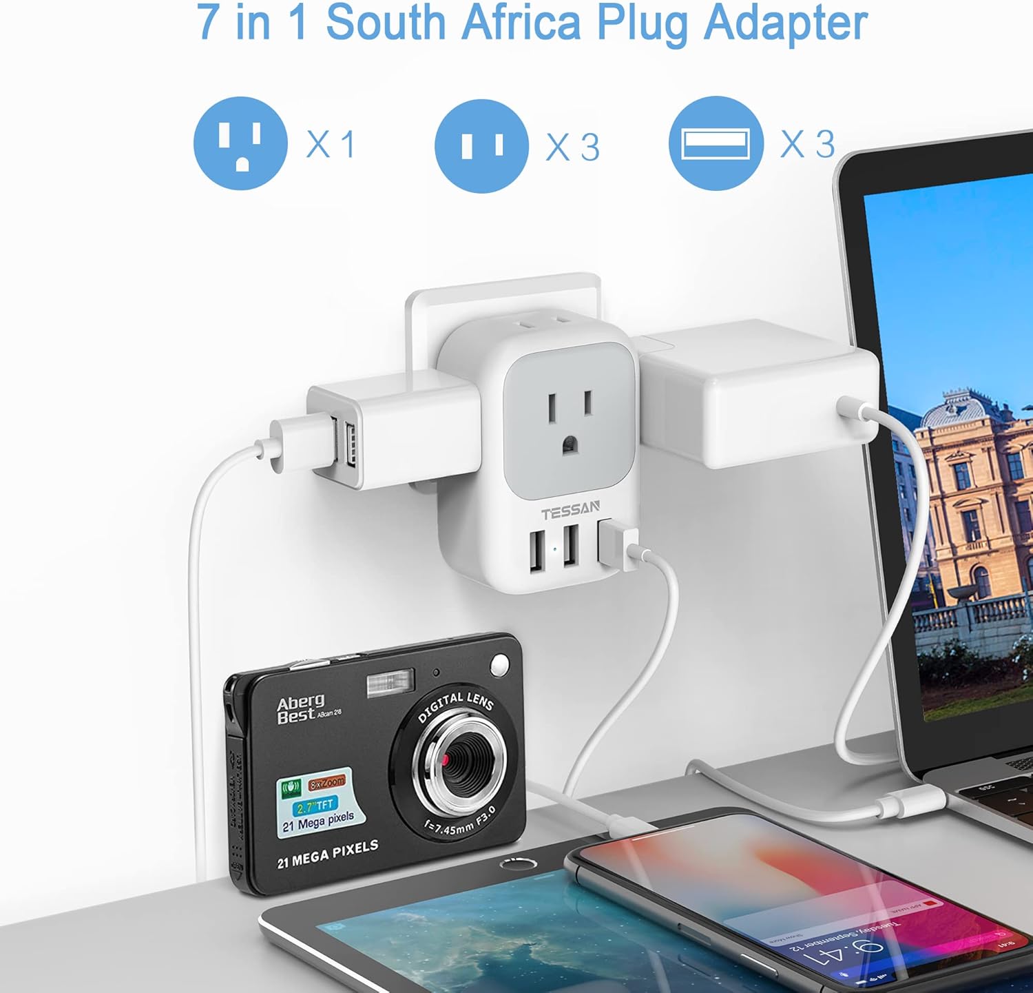 TESSAN Adaptador de corriente para Sudáfrica, adaptador de enchufe de viaje tipo M con 4 salidas de CA y 3 puertos USB para EE. UU. a Sudáfrica