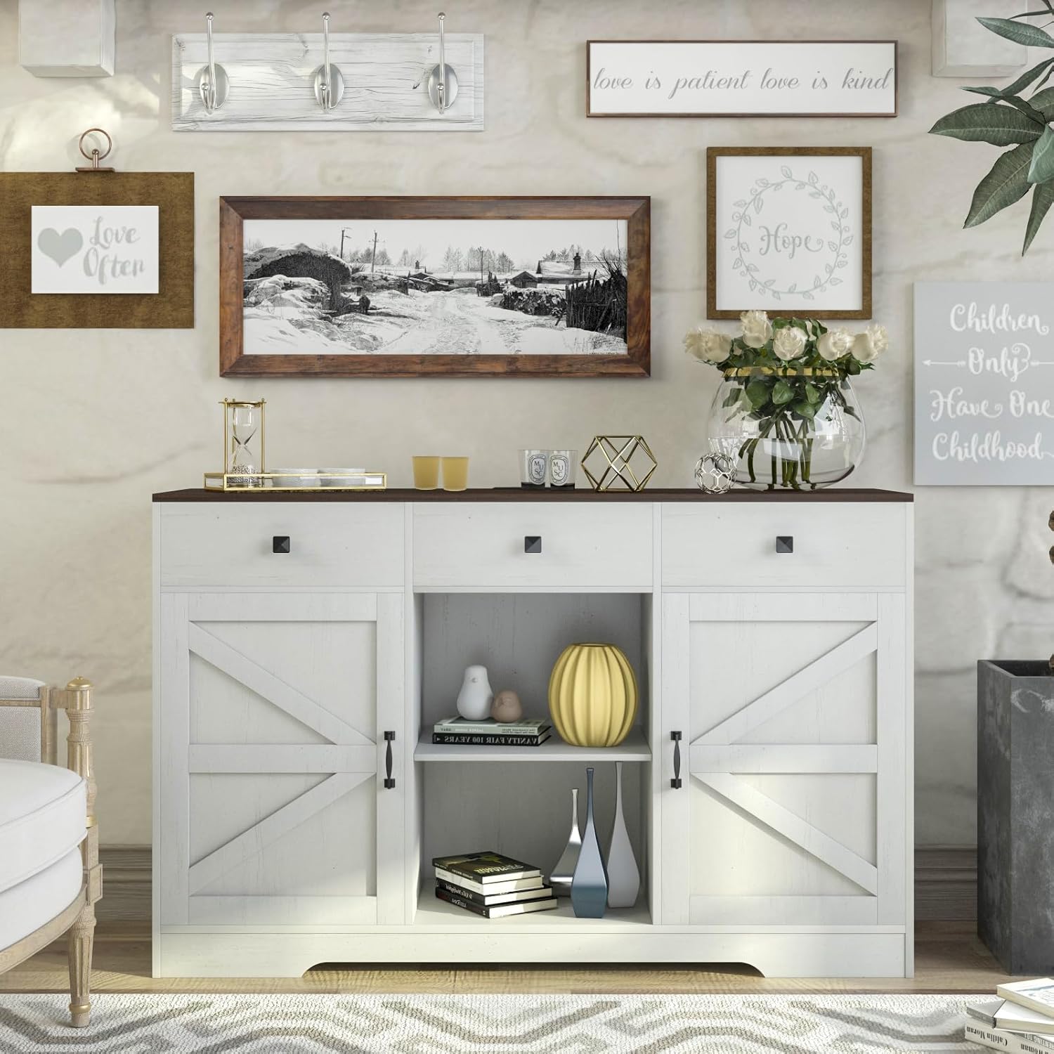 Bolonbi Gabinete de café blanco, gabinete de almacenamiento de bufé de cocina de 54 pulgadas con puertas y cajones, aparador de granja, mesa de