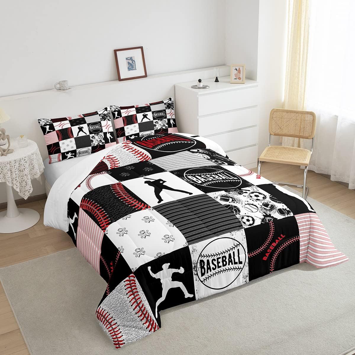 Erosebridal Juego de edredón de béisbol para niños, juego de ropa de cama de sóftbol, edredón acolchado para juegos deportivos, edredón de plumón de