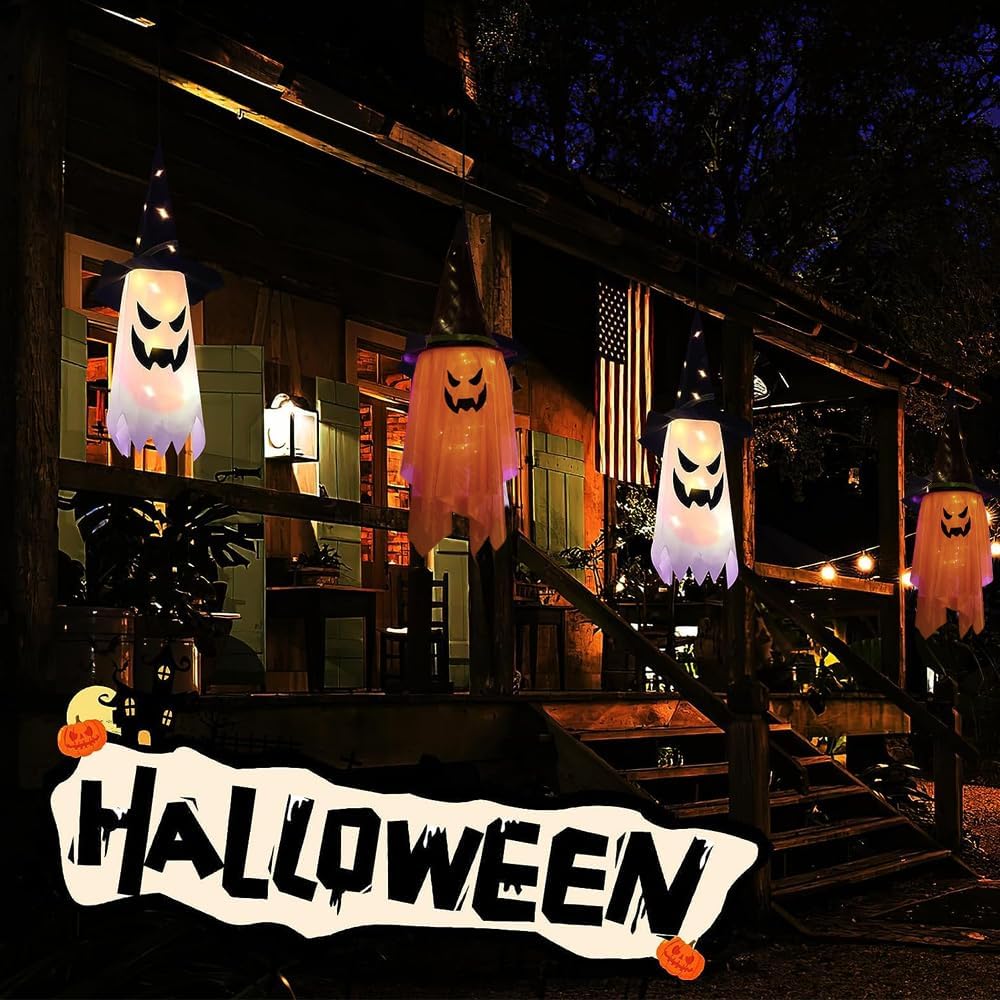 Decoraciones de Halloween para decoración al aire libre, 2 piezas de sombrero de bruja fantasma iluminado brillante de 38 pulgadas de largo,