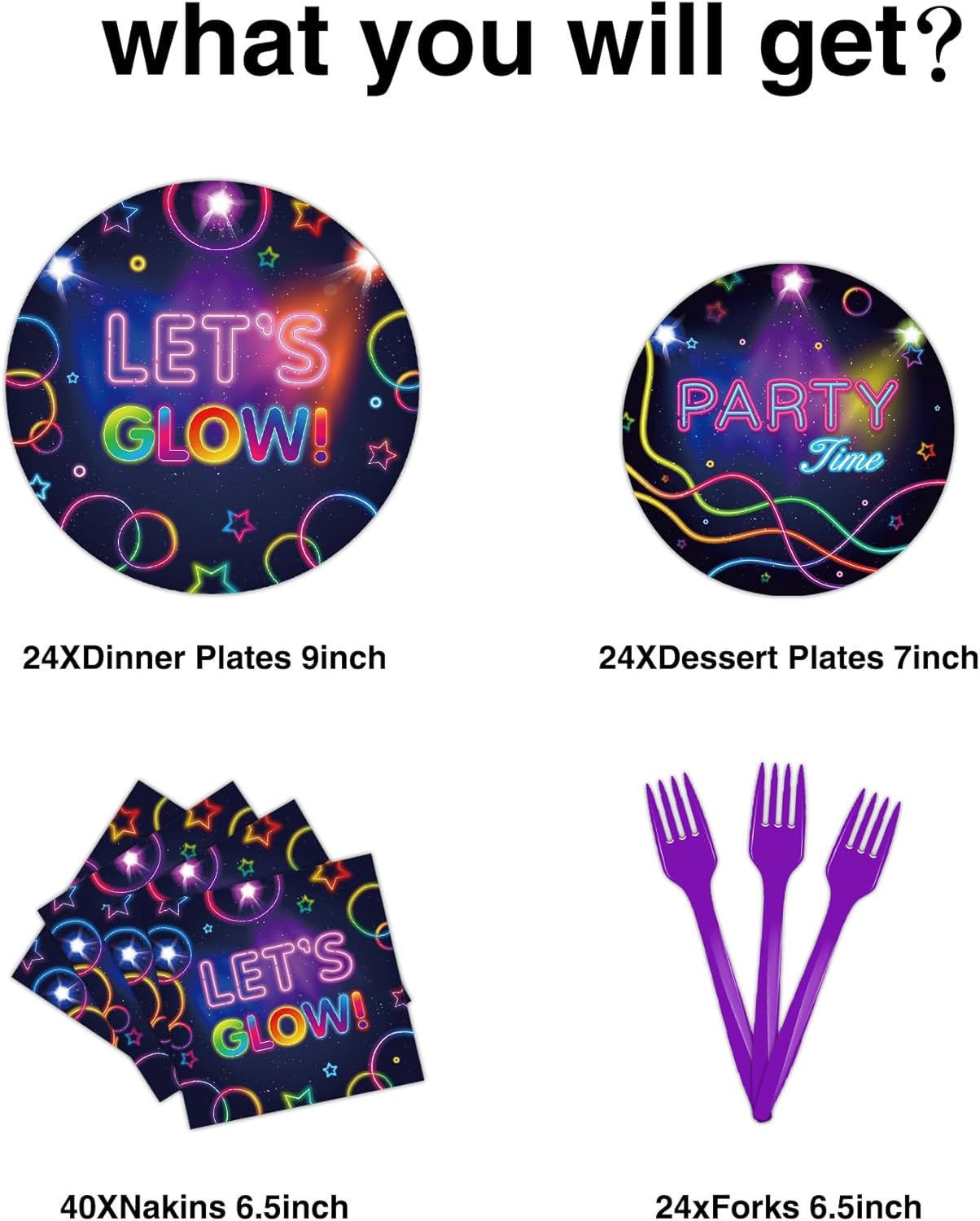 Glow – Juego de vajilla para fiesta de cumpleaños sirve para 24 platos de papel desechables que brillan en la oscuridad de 7 pulgadas, platos de