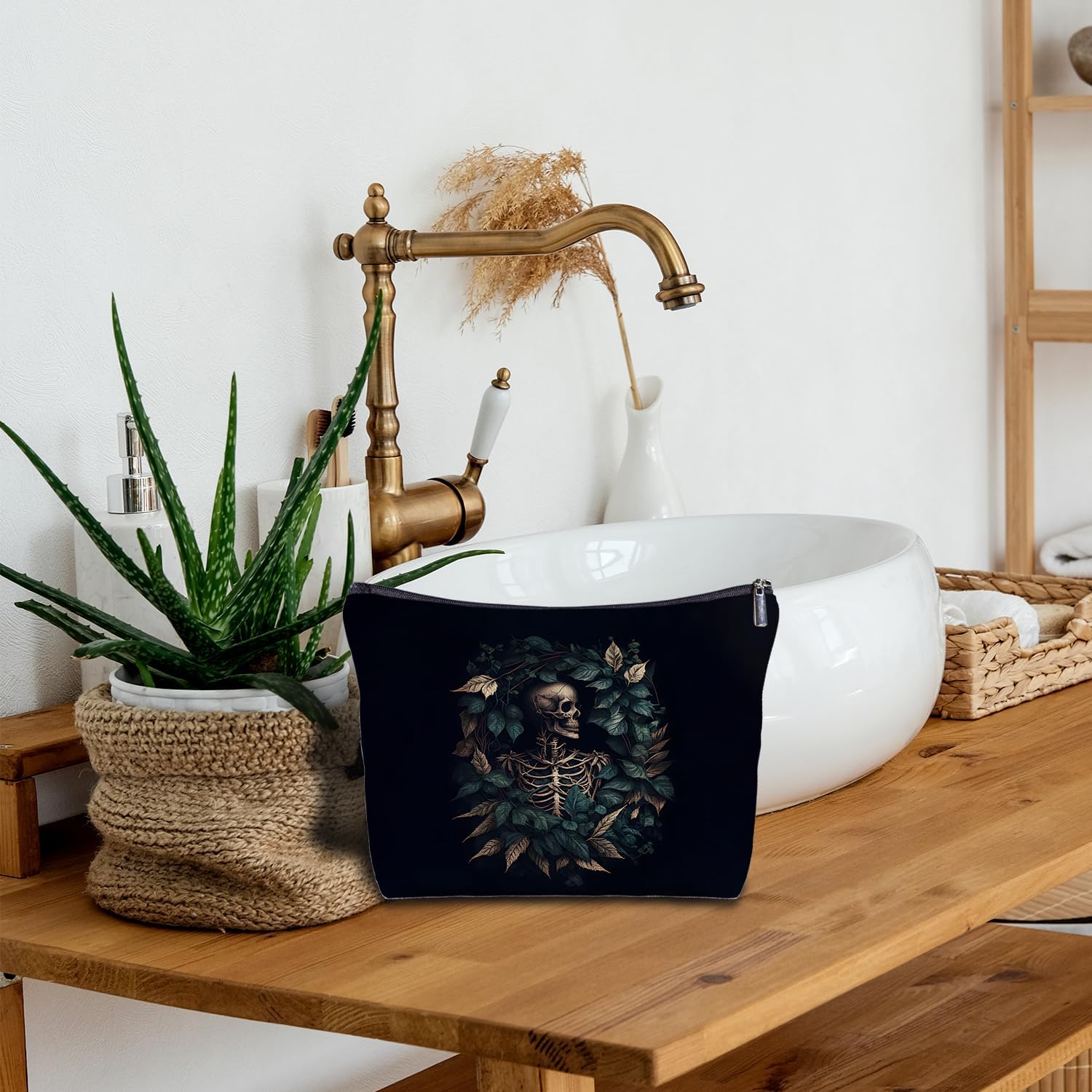 Zomhix Bolsa de maquillaje gótica, bolsa de maquillaje de esqueleto botánico vintage, regalos góticos para mujeres, bolsas de cosméticos de arte