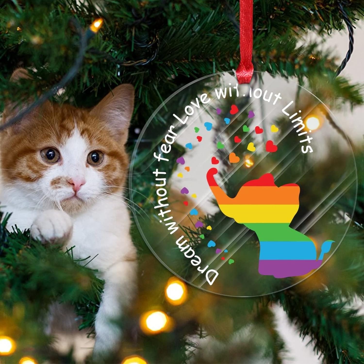 Swavecat Adornos de árbol de Navidad Sueño sin miedo Amor sin límites Adornos de elefante Gay LGBTQ Decoraciones de Navidad Arco Iris Derechos Gay