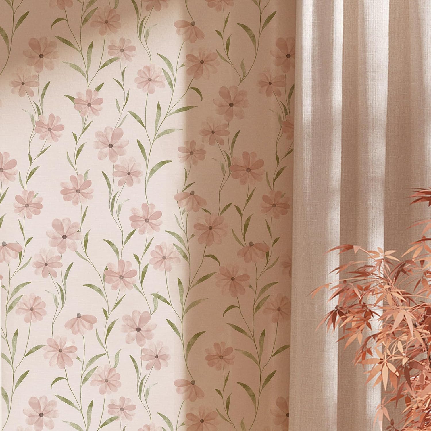 Papel tapiz floral para despegar y pegar, papel tapiz de margaritas rosas de verano, papel tapiz adhesivo para decoración de pared (393 x 17.7