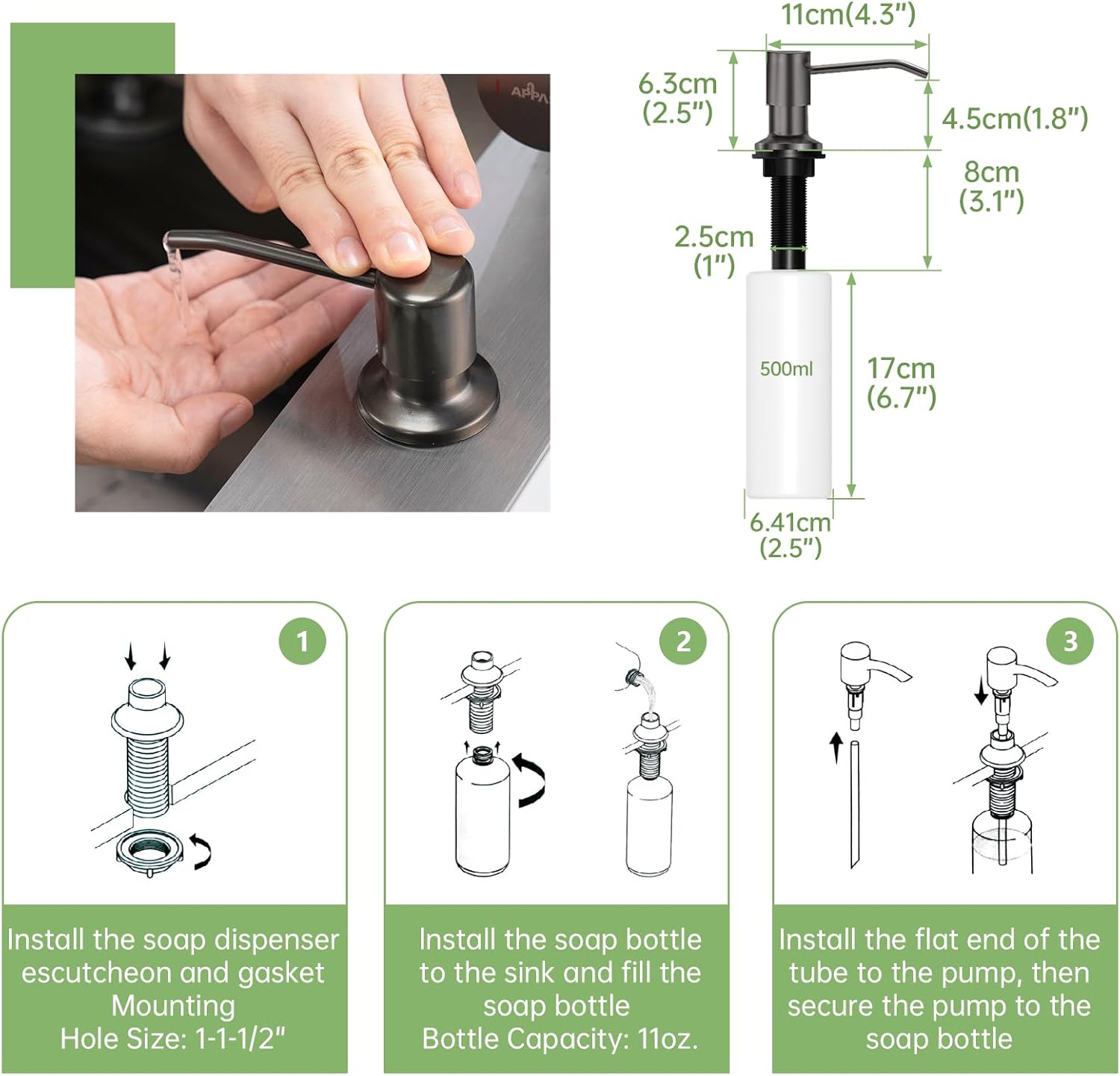 APPASO Grifo de cocina con dispensador de jabón, grifos de fregadero de cocina de acero inoxidable negro con rociador extraíble, 3 modos, grifos de