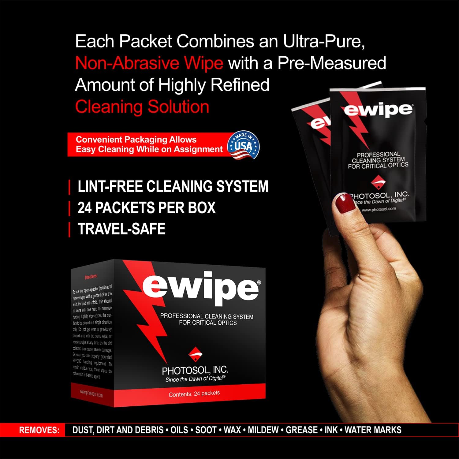 E-Wipe – Almohadillas de limpieza de lente de cámara – Toallitas no abrasivas con solución de limpieza profesional diseñada para electrónica óptica,