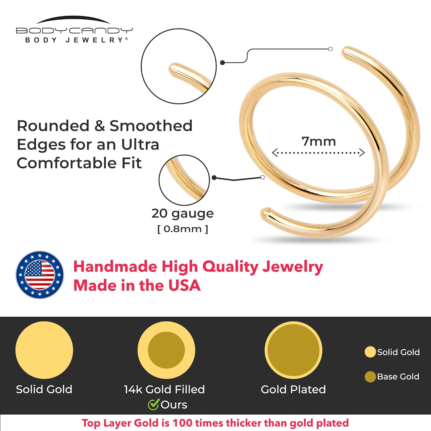 14k Gold Filled Double Hoop Nose Ring for Women and Men Hypoallergenic Spiral Nose Jewelry for Single Piercing Handmade in USA (Silver-20g, Left