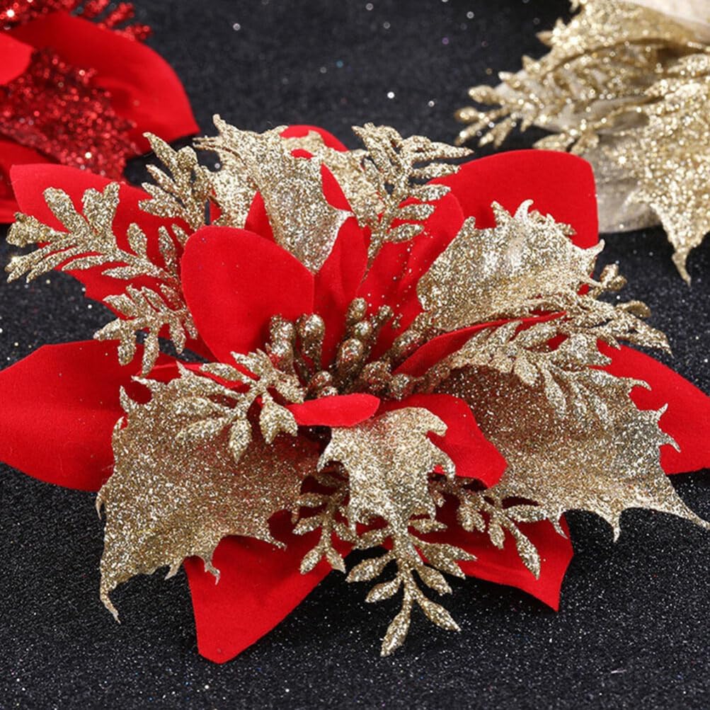 VOSAREA Decoraciones de Navidad, 24 piezas de flores de pascua de Navidad con purpurina artificial, flores en aerosol para árbol de Navidad,