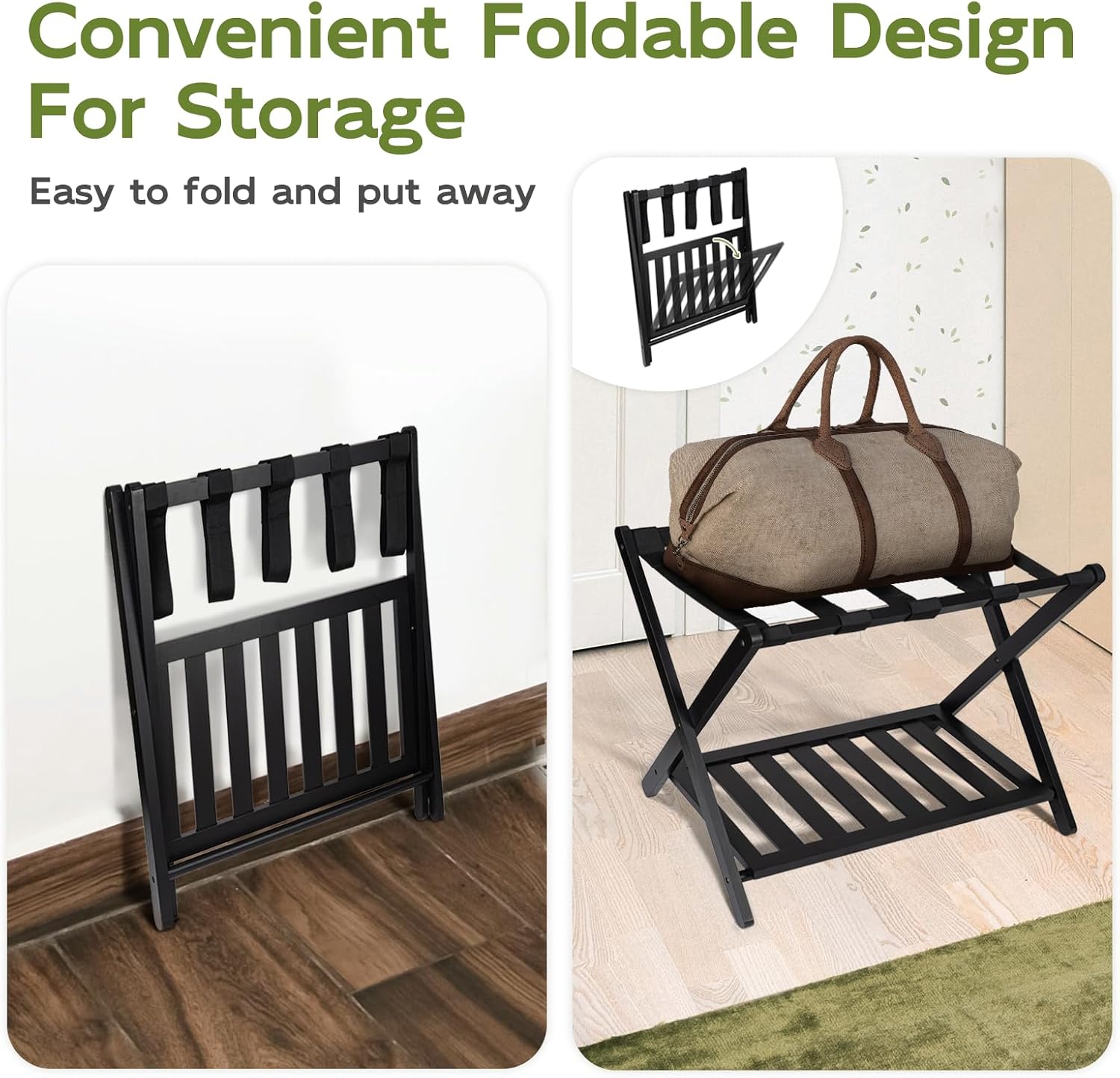RAINHOL Portaequipajes plegable para habitación de invitados, 1 unidad, soporte de maleta montado con estante de almacenamiento, soporte de equipaje