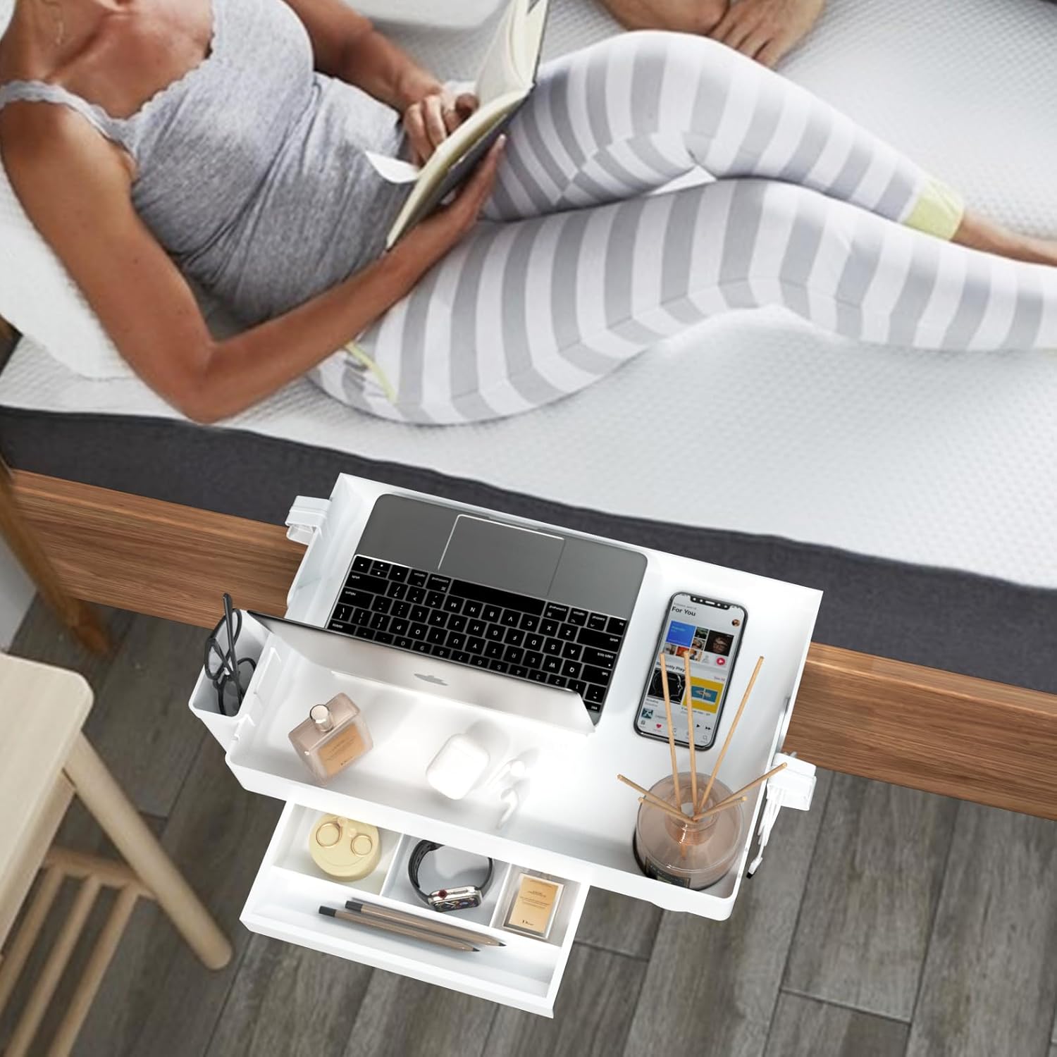 SPACEKEEPER Estante de noche para cama, estante plegable para litera, mesita de noche con clip para litera superior, dormitorio universitario,