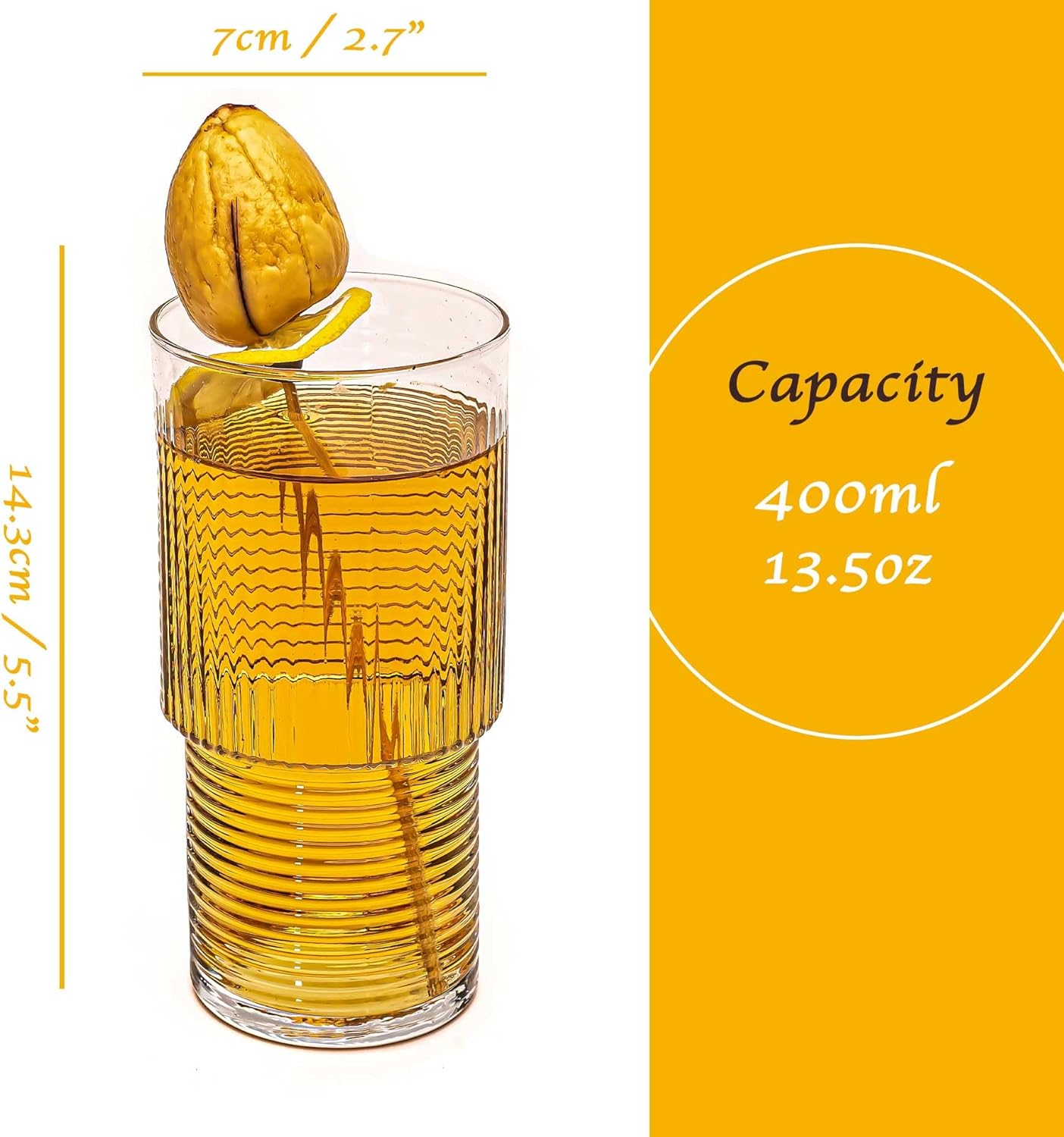 Vasos acanalados, taza de vidrio Highball, 6 vasos apilables, vasos de cóctel, cristalería vintage para cóctel, jugo, té helado, agua, café helado,