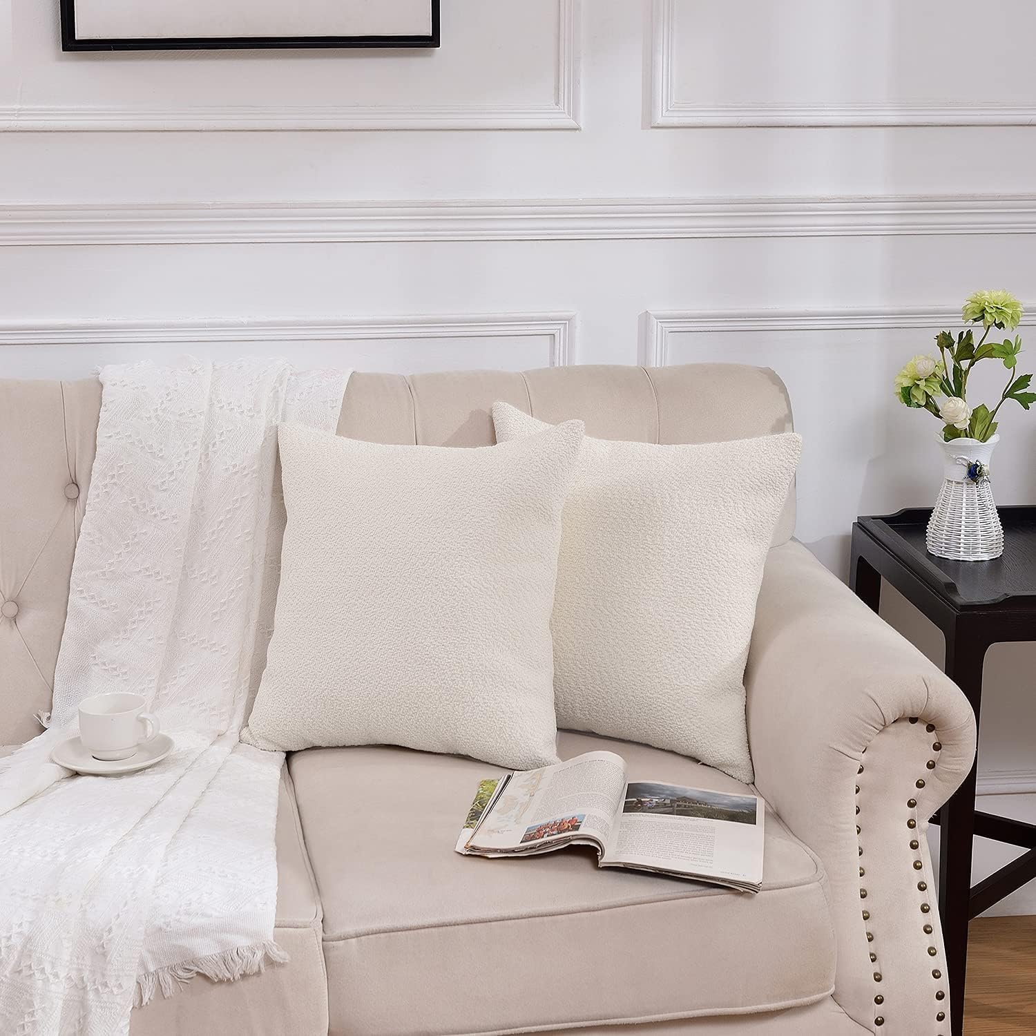 Ivory Colored Cute Boucle Textured Throw Pillow Covers, Cozy Soft Accent Cushion Cases, Modern Zippered Design for Sofa Couch Bed and Living Room –