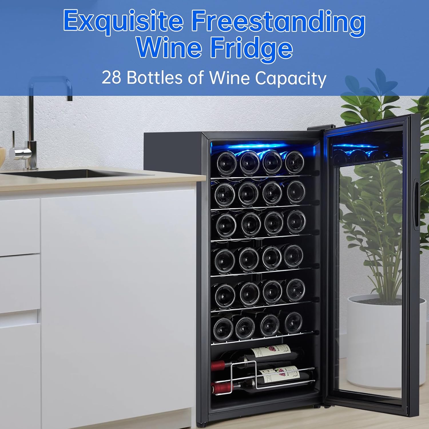CuisinAid Refrigerador de vino de 28 botellas, compresor independiente, enfriador de vino, enfriador de vino con pantalla táctil de 41  64 F,