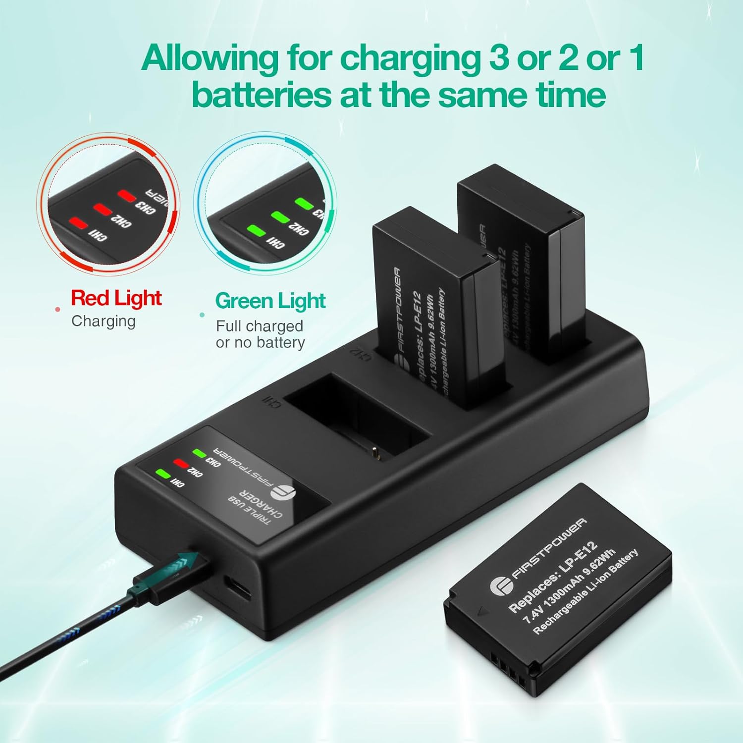FirstPower LP-E12 – Paquete de 3 baterías y cargador de triple ranura para cámaras digitales Canon EOS M50, M50 Mark II, M, M2, M10, M100, M200,