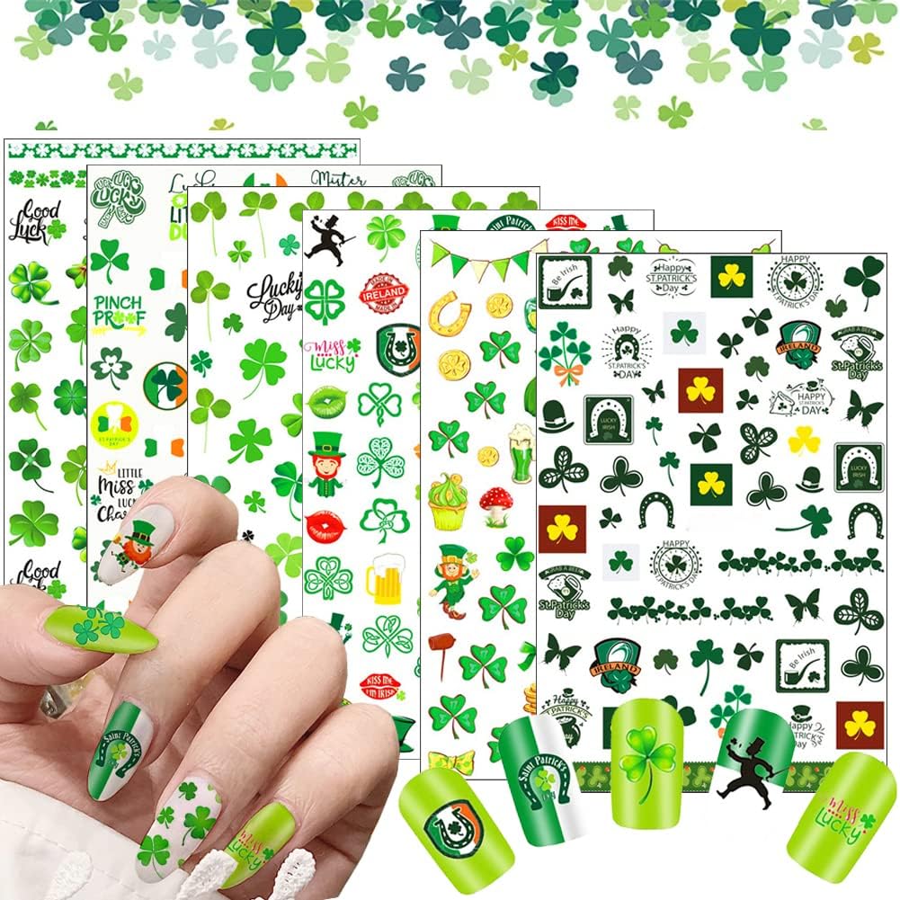 6 hojas de calcomanías para uñas del día de San Patricio, autoadhesivas 3D, trébol, trébol, trébol, verde, irlandés, decoración de uñas, día de San