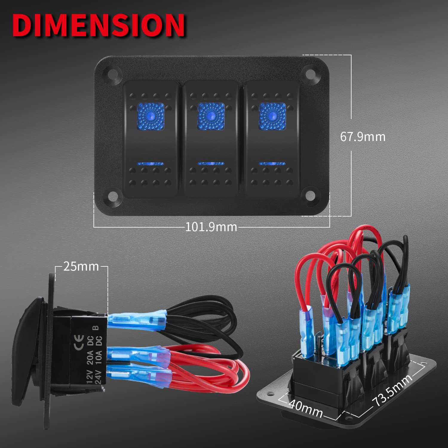 DaierTek Paquete de 3 paneles de interruptor de interruptor basculante marino + panel de interruptor de barra de luz LED